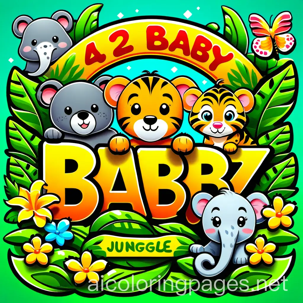 Create a colorful and detailed cover for a children's coloring book titled '42 Baby Jungle Animals'. The cover should feature an array of adorable baby jungle animals, similar in style to the provided image. Include a variety of animals such as a baby tiger, elephant, monkey, parrot, iguana, owl, and frog, among others. Ensure each animal has a cute and friendly expression, surrounded by lush tropical foliage and vibrant flowers. The title '42 Baby Jungle Animals' should be prominently displayed in a playful and eye-catching font in the center of the cover. full of vibrant eye catching colors.
