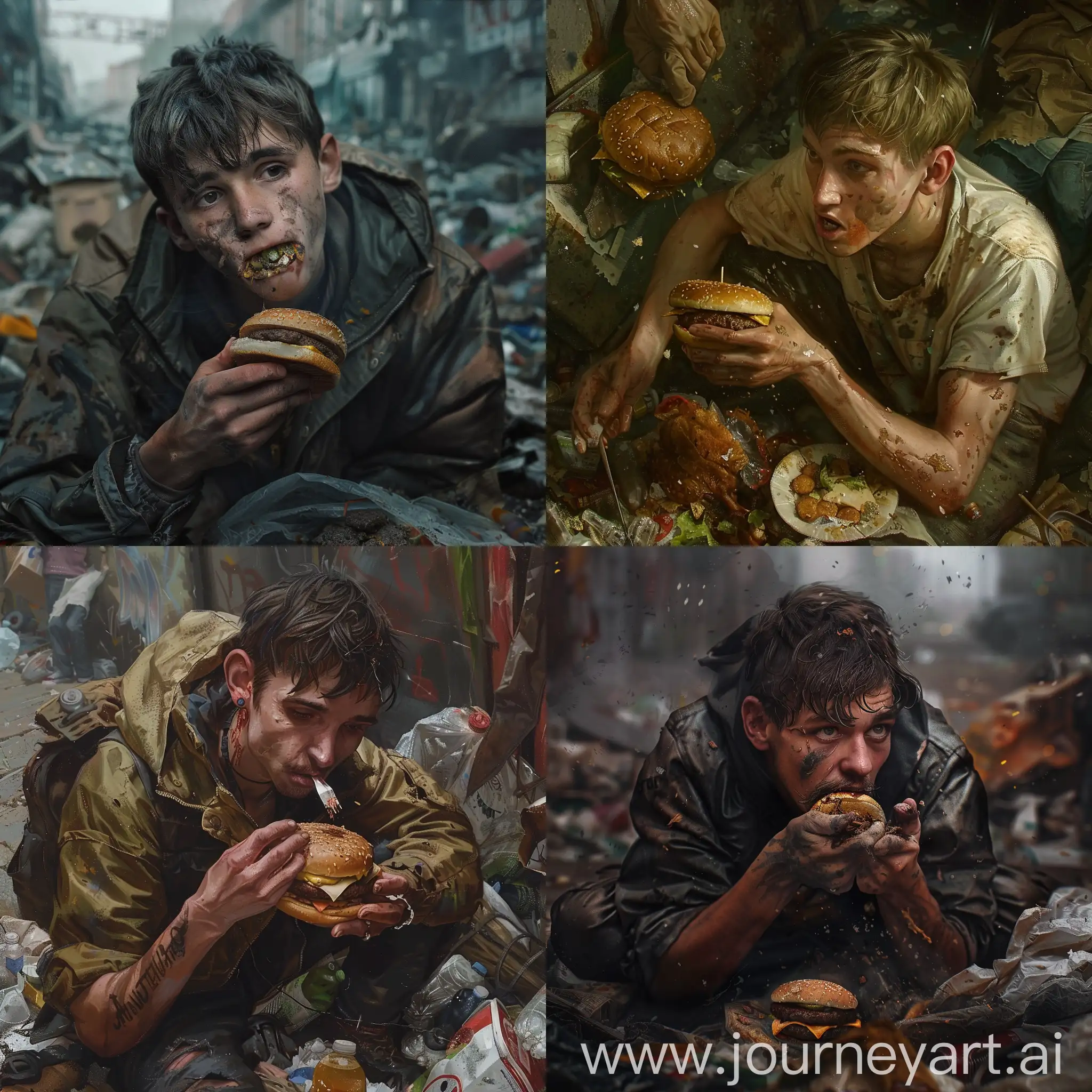 Impoverished-Young-Man-Eating-Hamburger-from-Trash-in-Russia