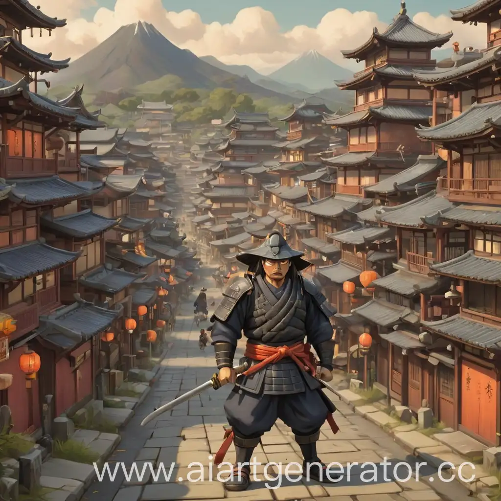 Cartoonish-Samurai-Cityscape-Vibrant-Illustration-of-a-Futuristic-Urban-Setting