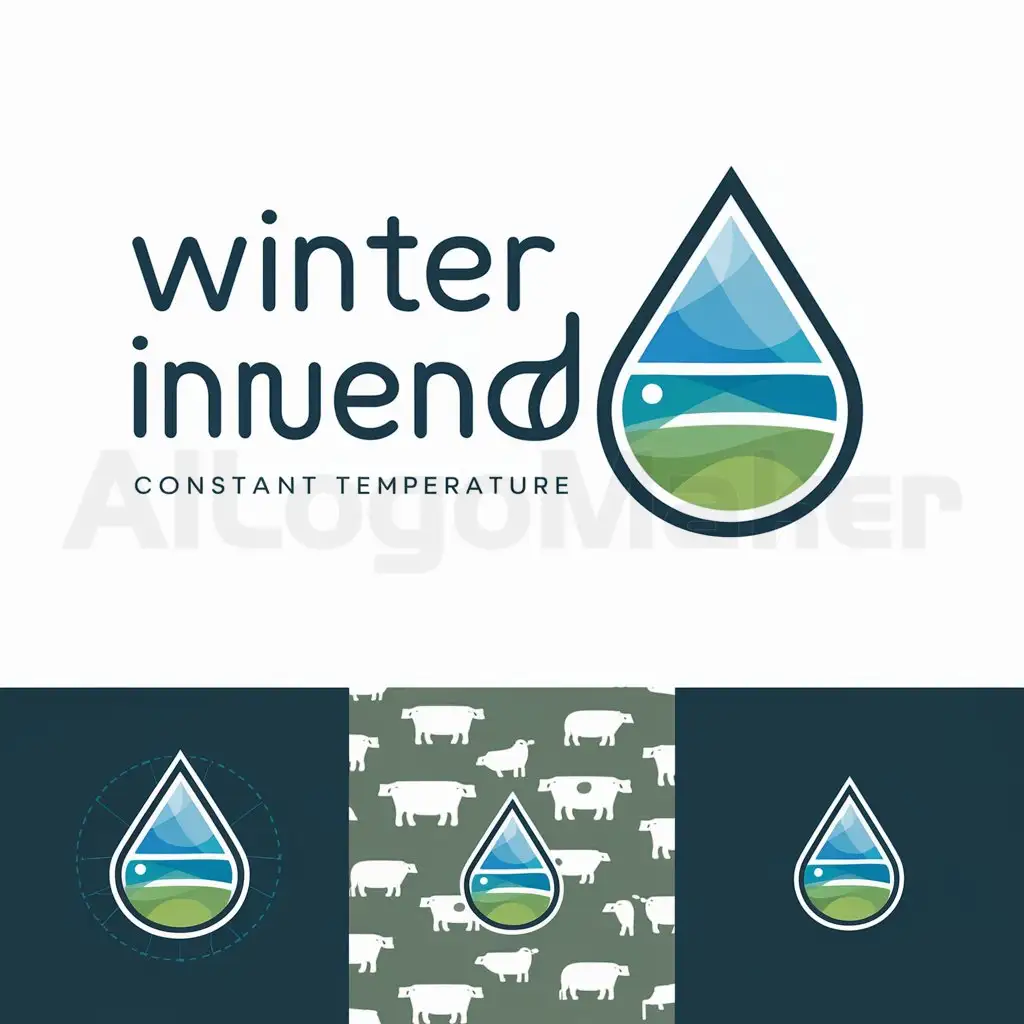 a logo design,with the text "winter innuendo", main symbol: Input language: Chinese

Logo concept description in English:
Create a logo element in the shape of a water droplet, representing the water supply function of the water dispenser, with a "constant temperature" concept embodied in it. The water droplet symbolizes the controlled temperature. Use simple lines to express a modern feel. Choose blue or green color tones, which are commonly associated with water and nature, giving a fresh and calm feeling. Use clear and easily readable sans-serif font to highlight the brand's professionalism and modernity. Use this logo consistently on product packaging, promotional materials, websites, and other channels to enhance brand recognition. Consider adding some farm-related patterns such as cows or lambs to emphasize the target market of the product.,complex,be used in Others industry,clear background