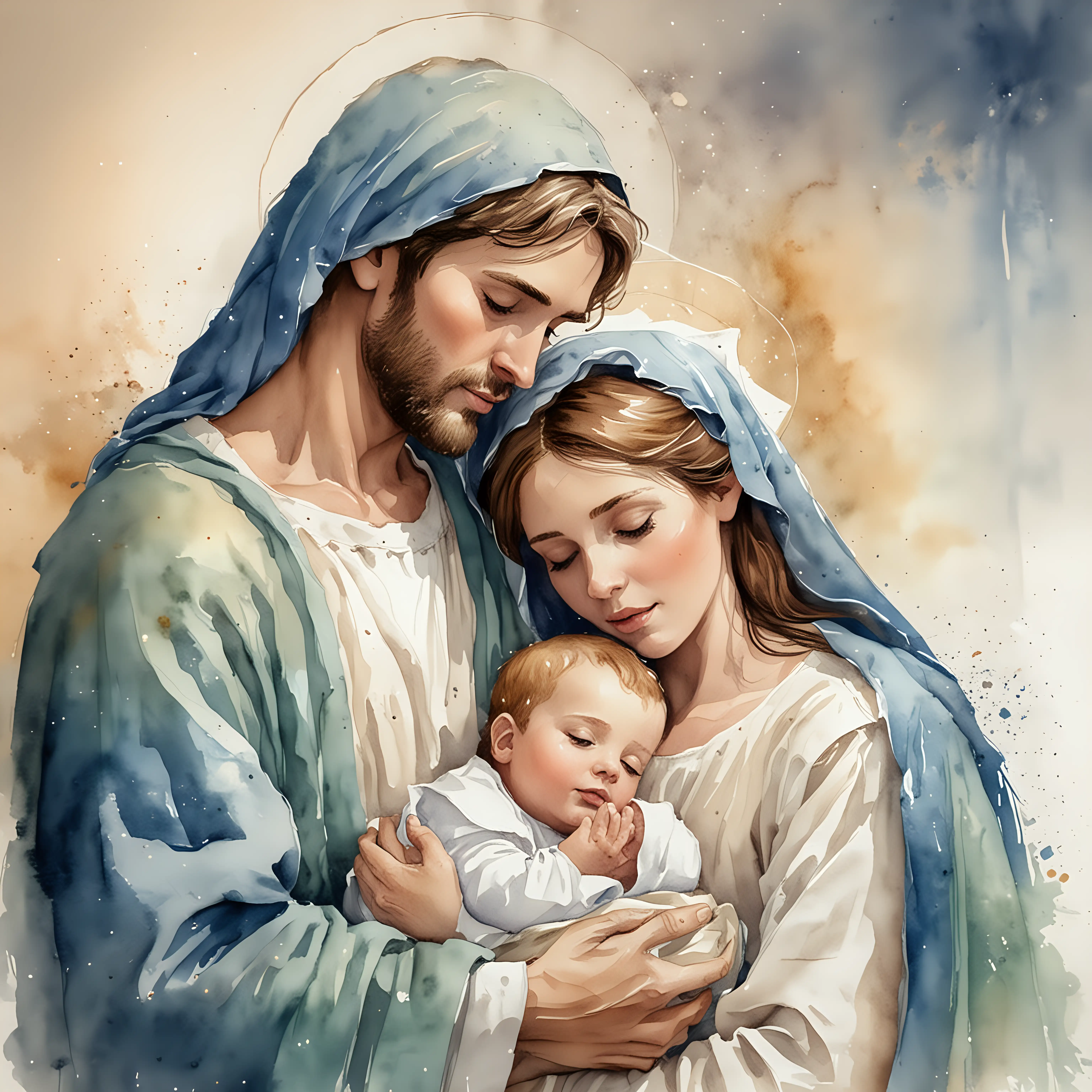 Watercolour Mary, Joseph and baby Jesus. Holy Family religious art