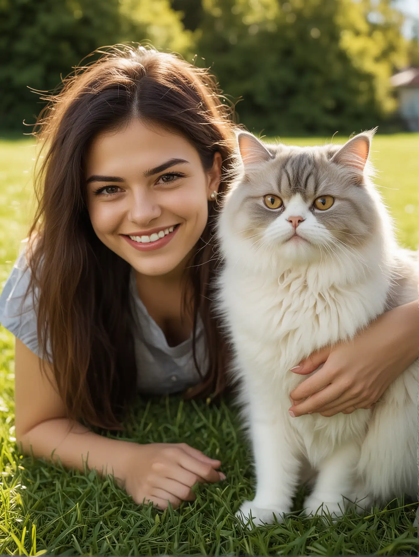 Europeans and Americans, on a sunny day, a beautiful young woman smiles for the camera and takes a photo with a persian cat on the grass outdoors. This photo was shot Sony A7c style using a 35mm f/2 lens for a realistic look.