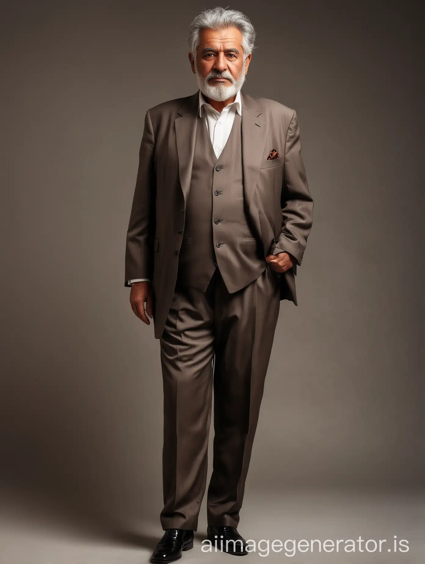 iranian lux fat old man 70 years old, shot height, wearing dark brown suits, white shirt, black shoes, grey hair, full body shot, full body shot, fantasy light cream solid background, dramatic lighting