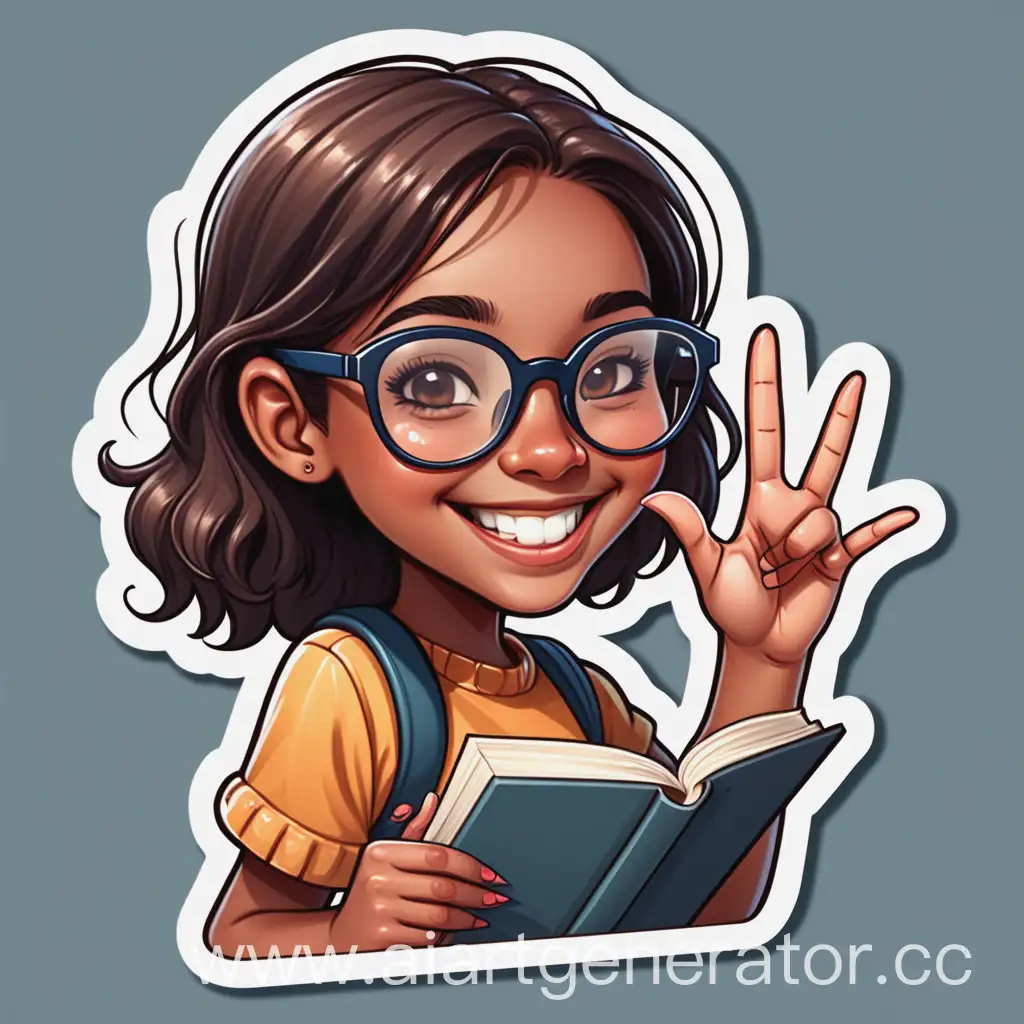 Friendly-Girl-in-Glasses-Smiling-and-Waving-with-Book-Sticker