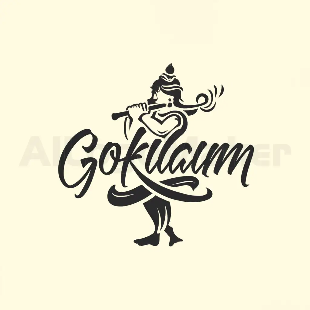 a logo design,with the text "Gokulam", main symbol:SriKrishna Playing a flute while cow comes behind him with love,Minimalistic,clear background