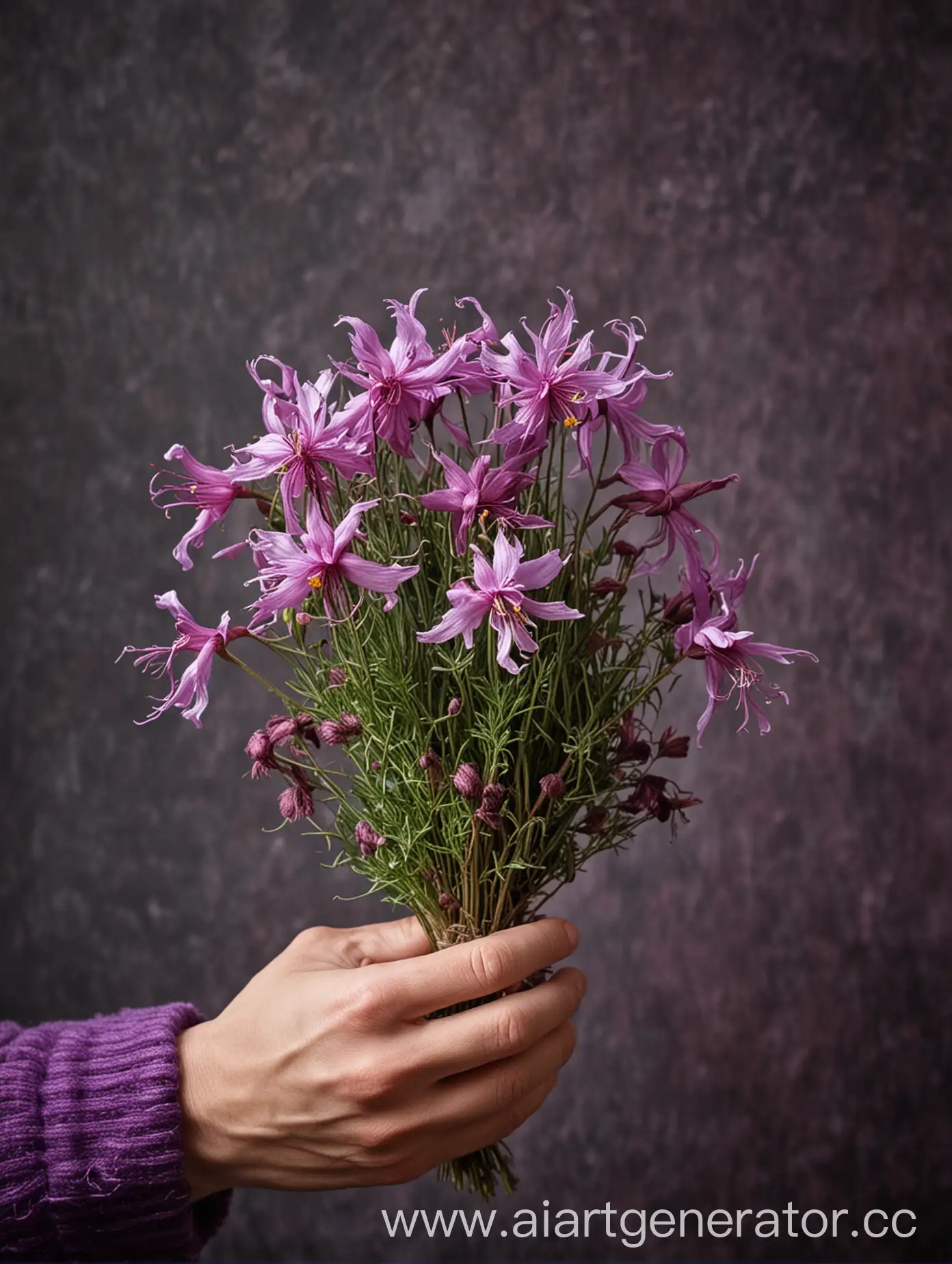 Male-Hand-Holding-Bouquet-of-Ragged-Robin-Flowers-with-Purple-Woolen-Core