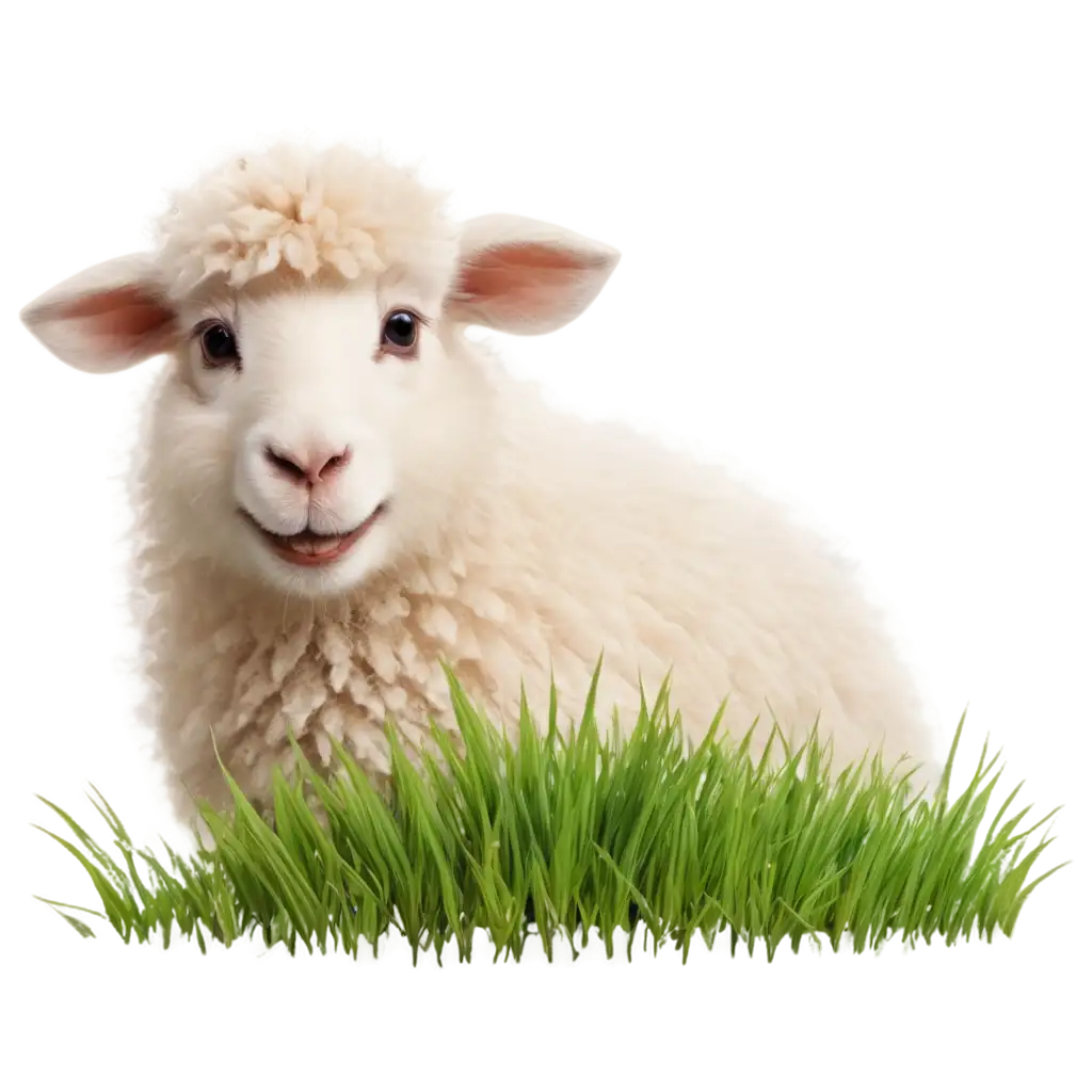 a cute sheep, smiling and eating grass