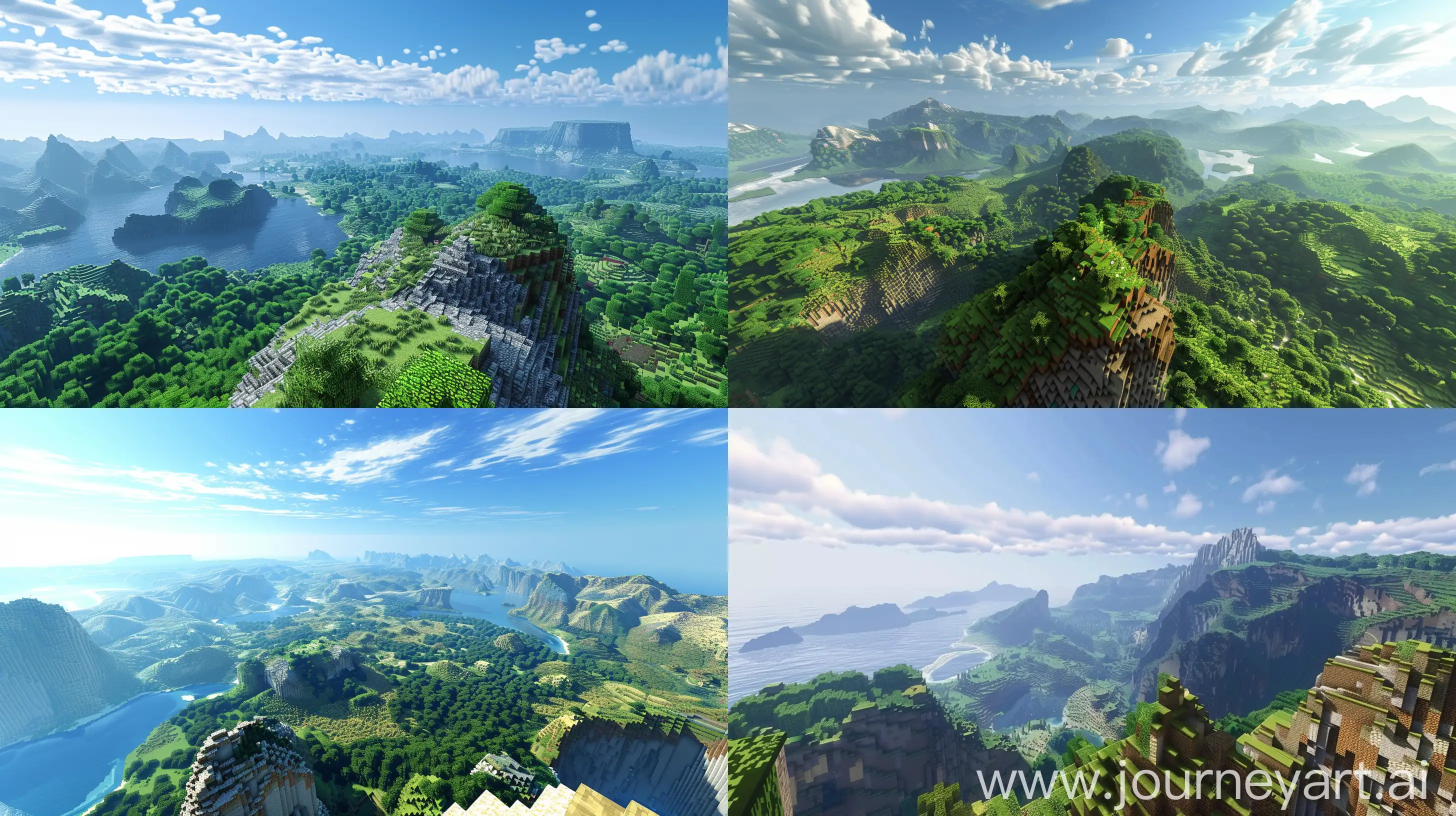 Minecraft landscape with beautiful shaders,a vast rendered view from a mountain,distant horizons, clear beautiful sky,2 images of different biomes. --ar 16:9