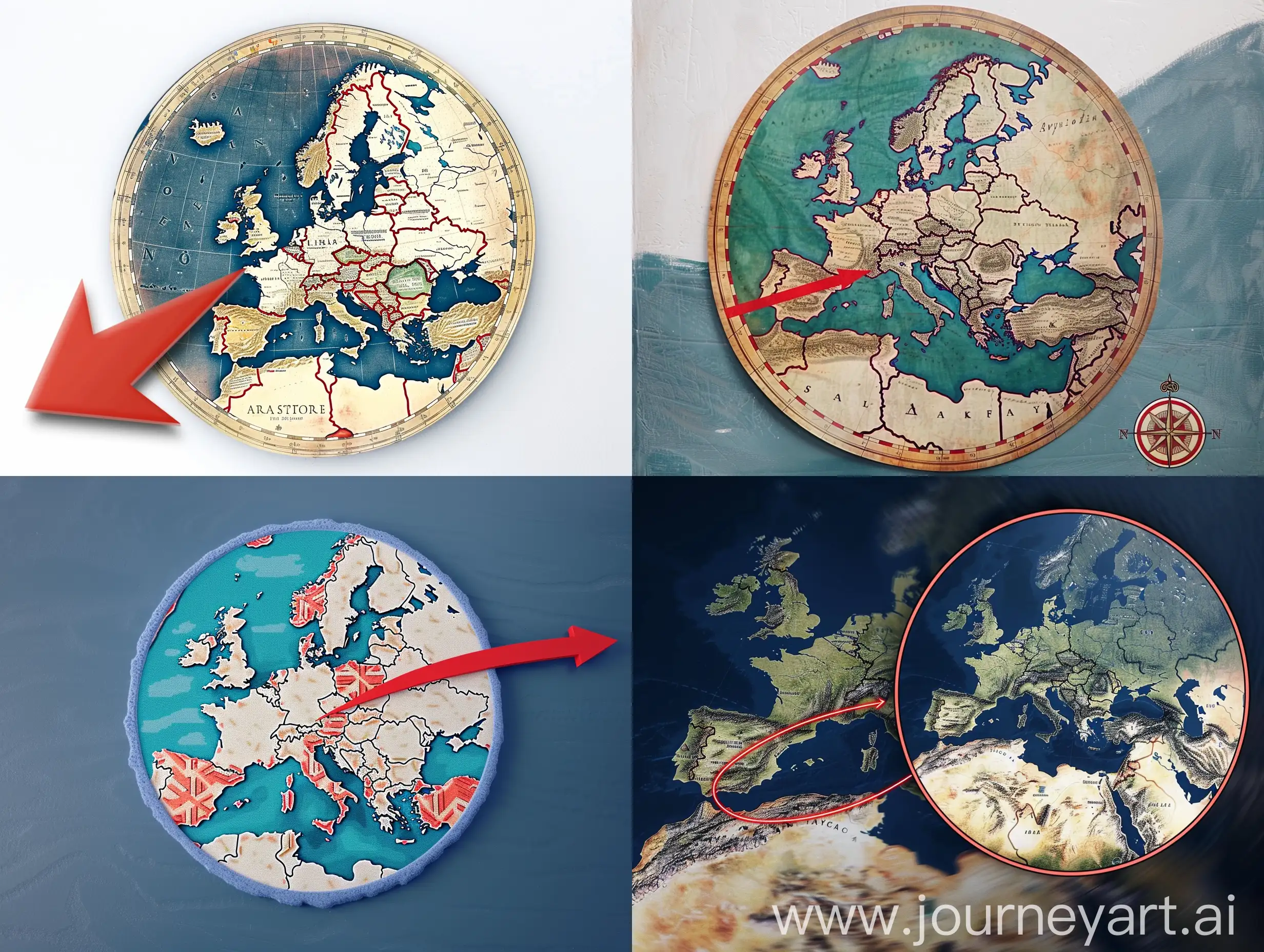 Circular-Map-of-Europe-with-Red-Arrow-Geographic-Navigation-Concept