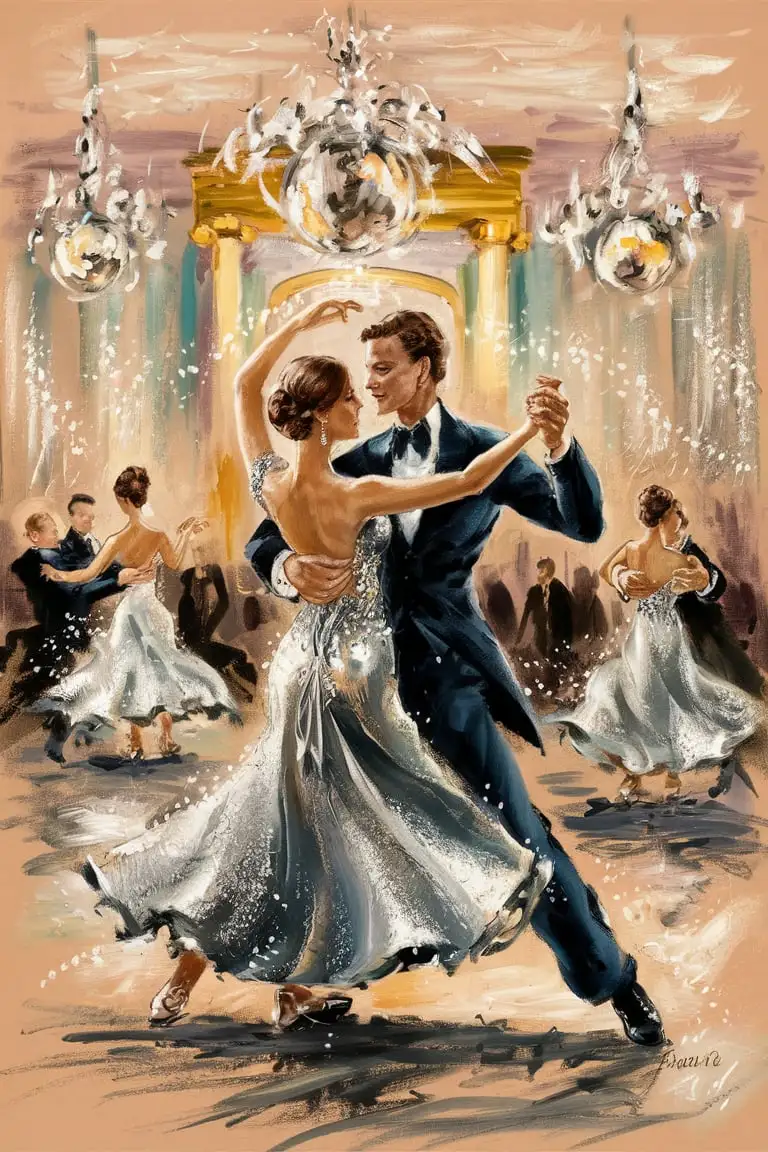 Impressionist Painting of a Couple Ballroom Dancing in Elegant Silver Attire