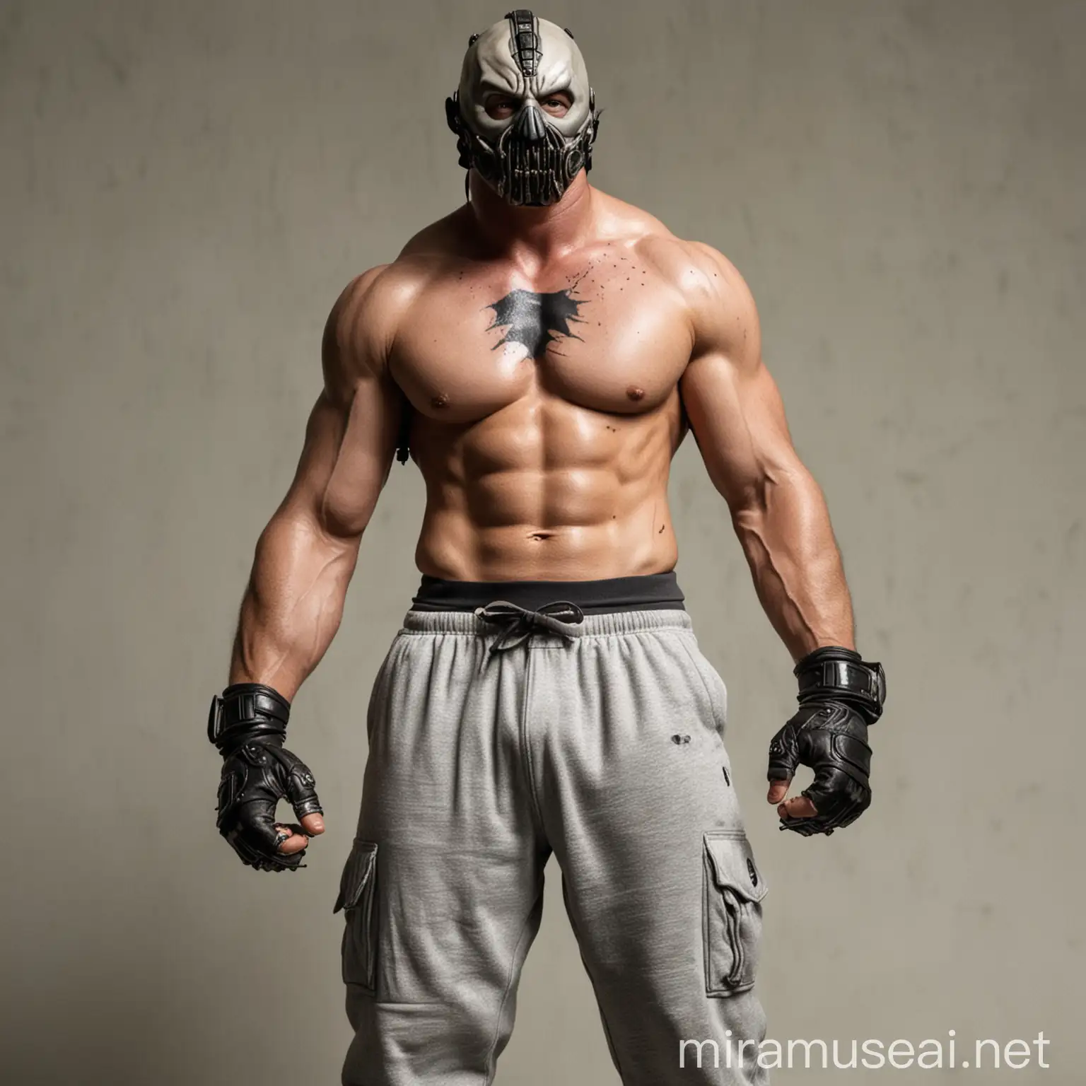 Bane with Mask and Scars Shirtless in Grey Sweatpants and Jordans