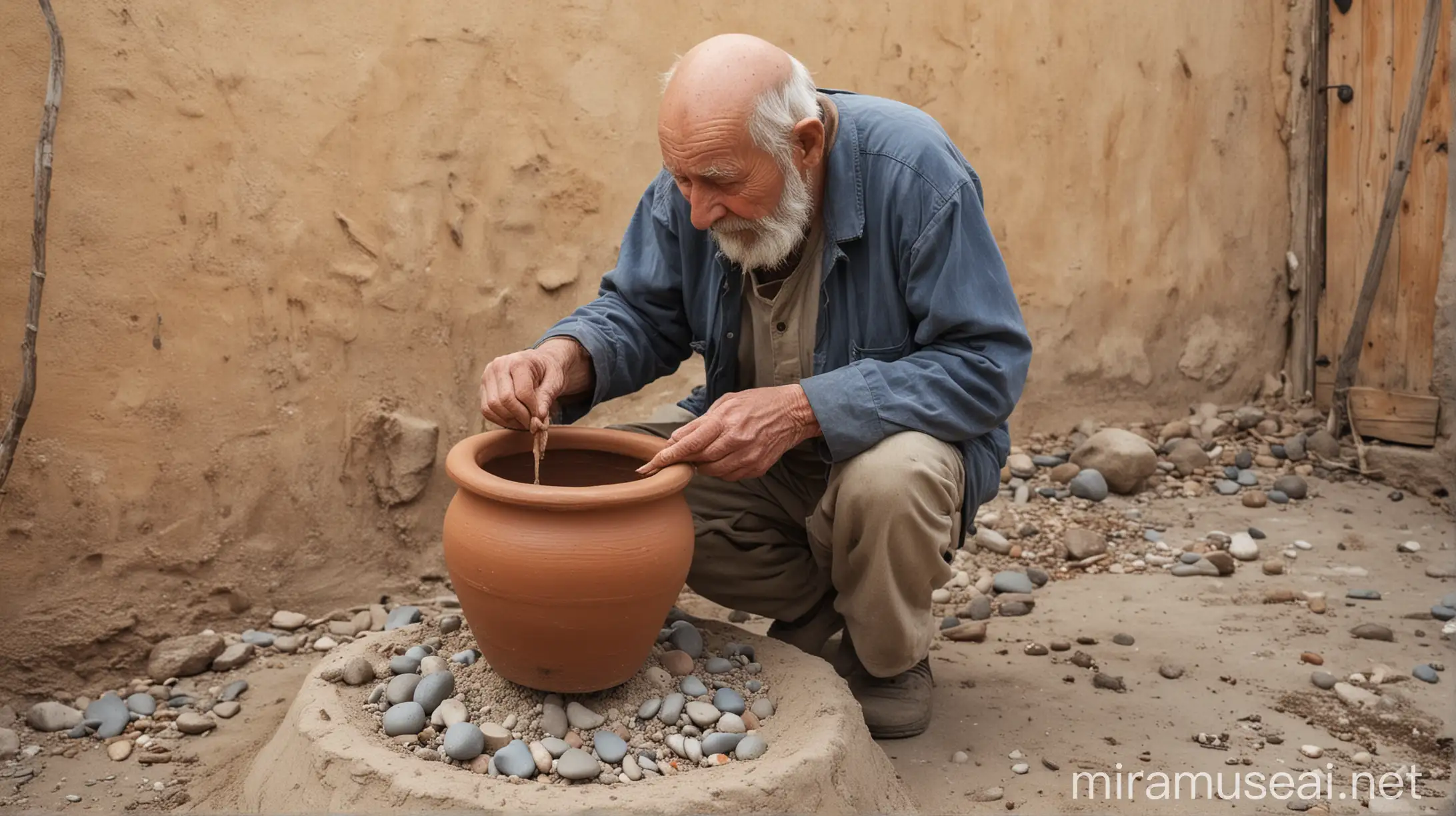 Wise Old Man Filling Clay Pot with Sand and Stones