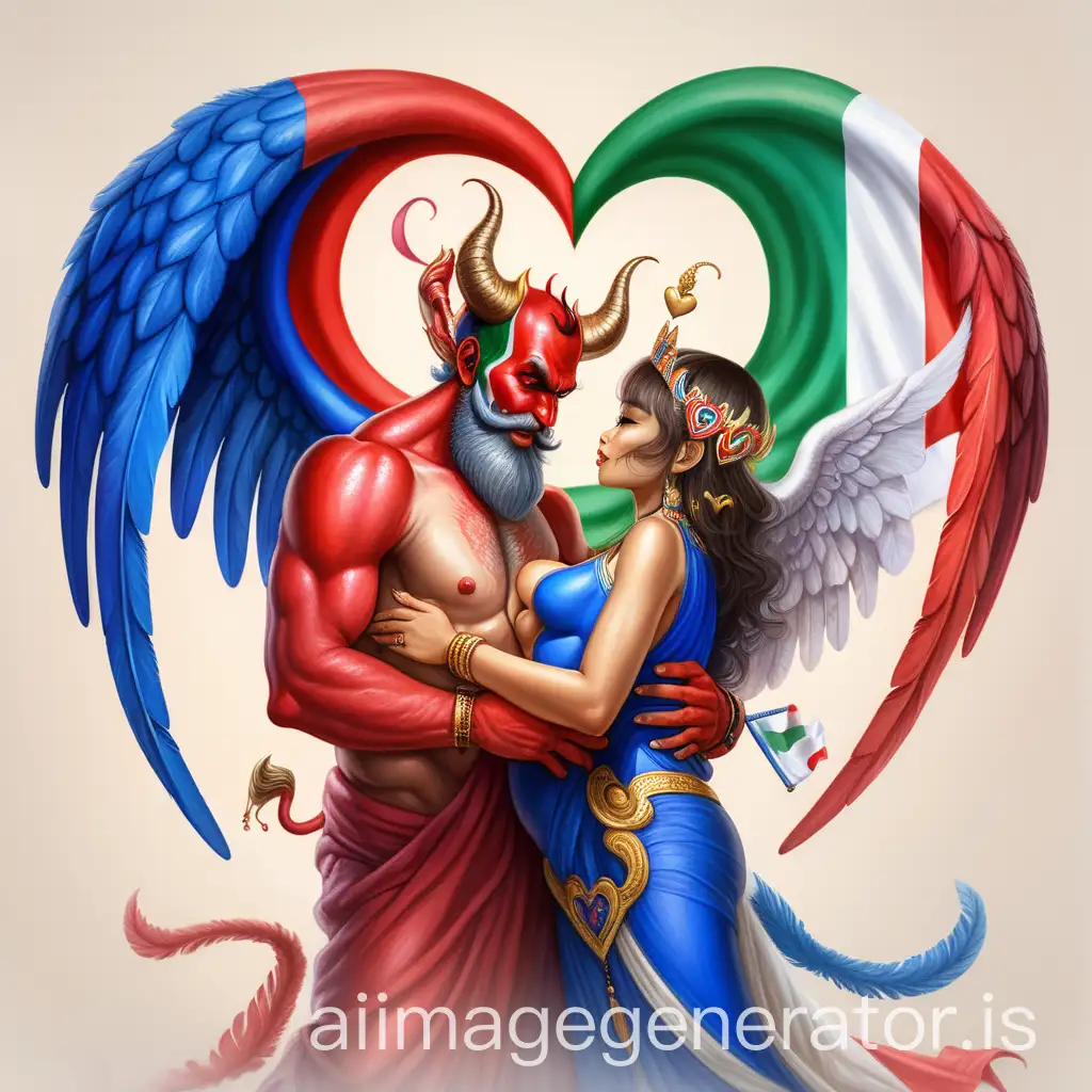 an Italian male Devil with beard on the left which is painted with Italian Flag color and a beautiful Thai female Angel on the right which is painted with Thai Flag color, hugging each others and making a heart shape with big wings