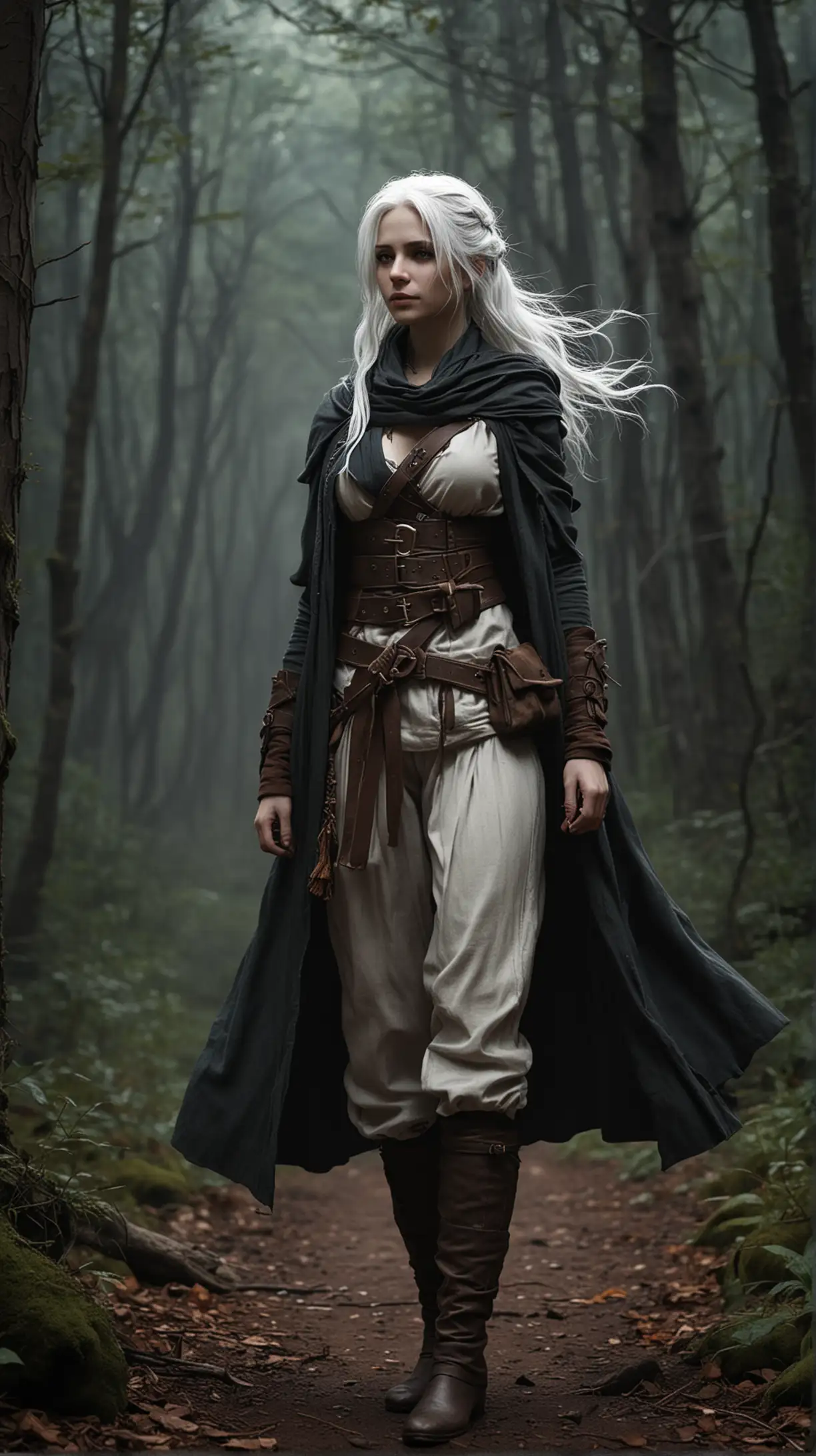 Fantasy Female Mage with White Hair in Shadowy Earthy Traveling Clothes