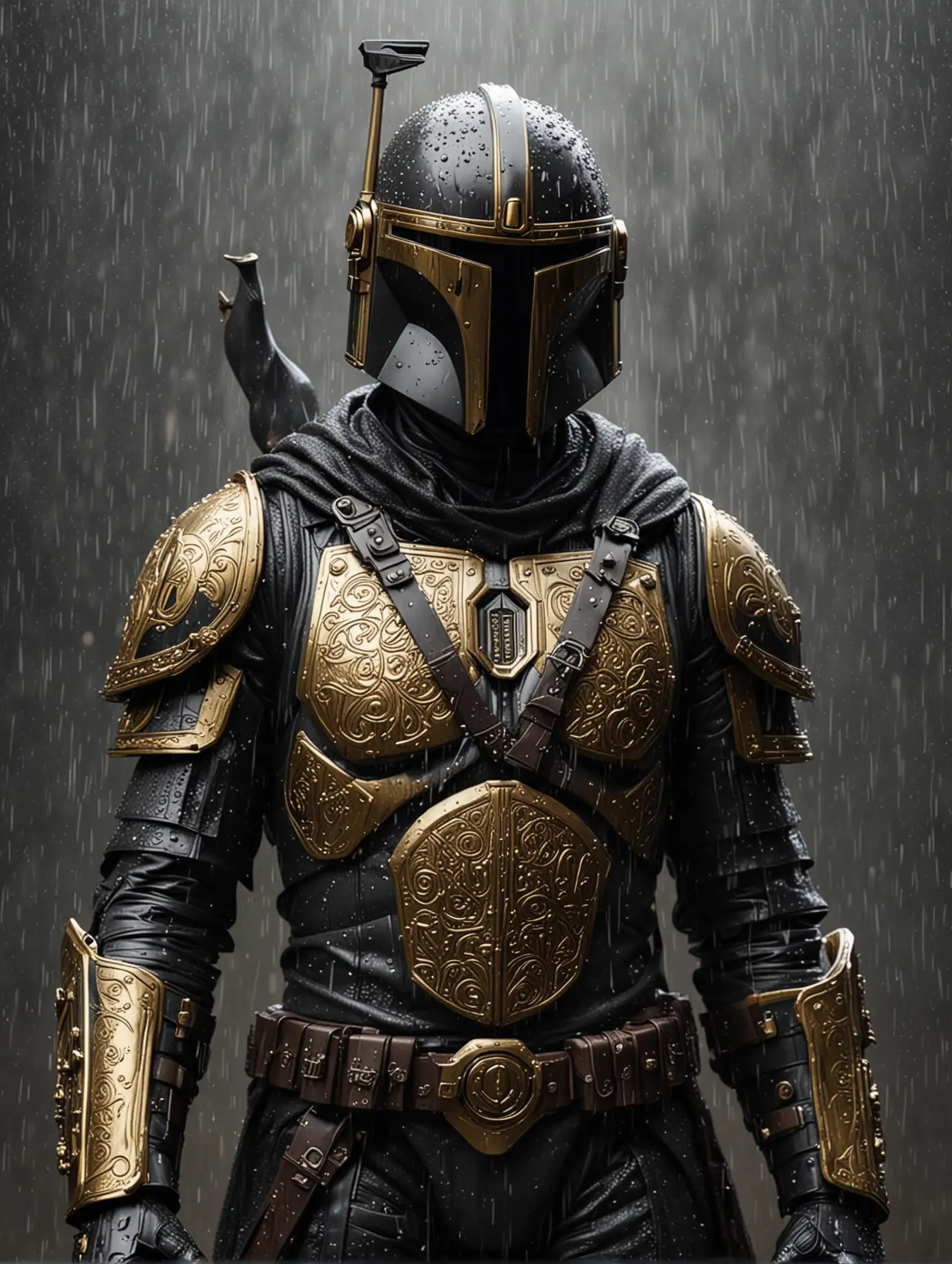 Mandalorian-Warrior-in-Black-Ceramic-Armor-with-Gold-Calligraphic-Patterns-in-Rain