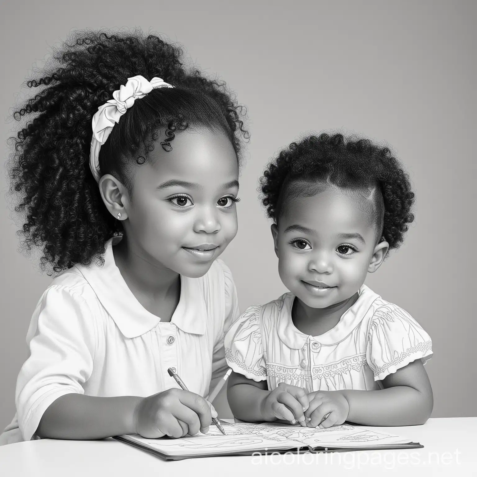 

the 2 big african america sisters that teach there baby sister, Coloring Page, black and white, line art, white background, Simplicity, Ample White Space. The background of the coloring page is plain white to make it easy for young children to color within the lines. The outlines of all the subjects are easy to distinguish, making it simple for kids to color without too much difficulty