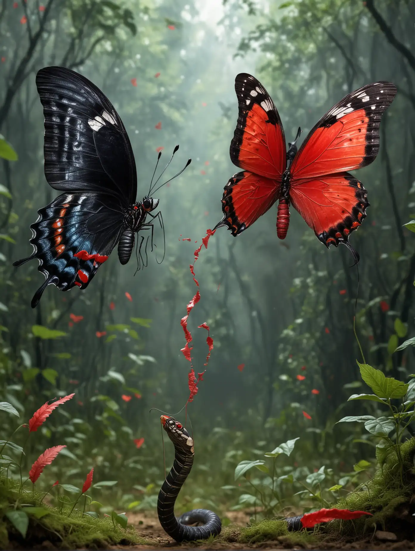 Слева в небн танцует магическая бабочка черного цвета, а справой стороны красного цвета,между ними огромна кобра ,которая шипит и разделяет их