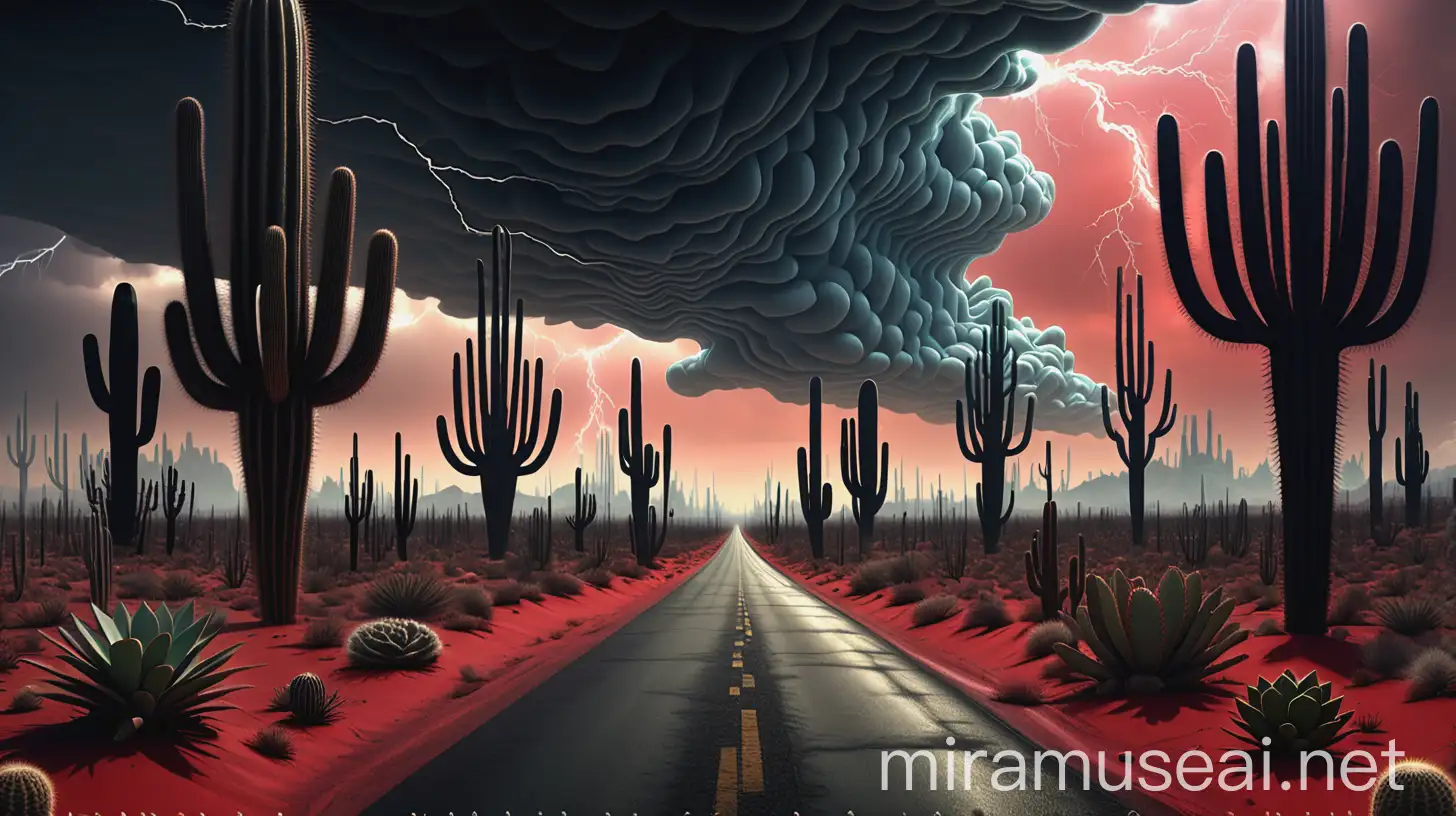 A long road through the desert up to the horizon, at the horizon there is the silhouette of a giant future city, on the left and right of the road grow various cacti, among the cacti crawl strange mutant mammals of the future, with red fur, in the sky there are fractal storm clouds and a lightning, in the style of Carel Willink and H. R. Giger style, with humorous and mystical details, complex 3D rendering hyper detailed fine leaf lace filigree details, embroidered, fine mesh wire , hyperrealistic , mandelbrot fractal, octane design, 8k