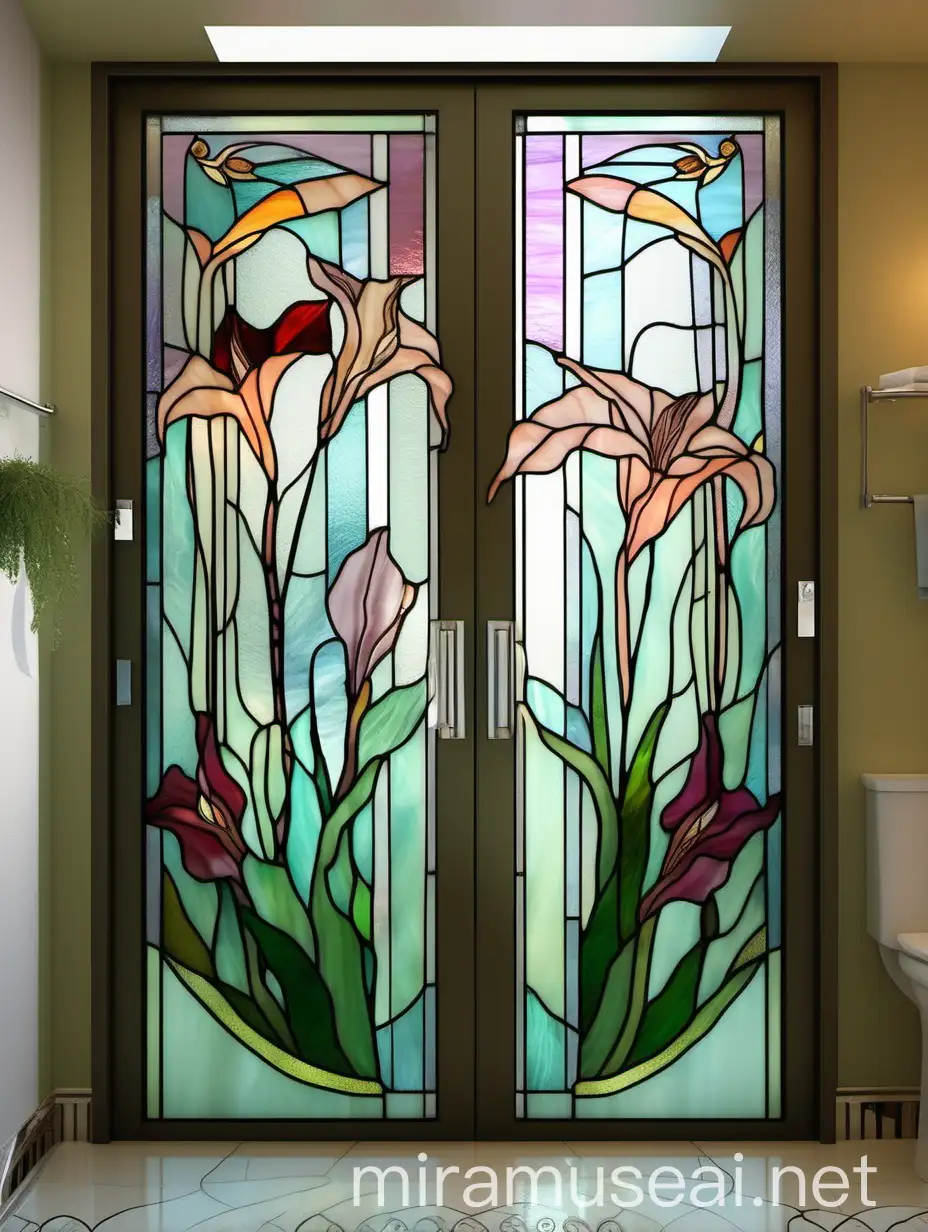 витражная дверь в ванной комнате "абстрактные линии, цветы клематисы,   вьюнок и гладиолусы" в стиле ар деко из цветного стекла тиффани