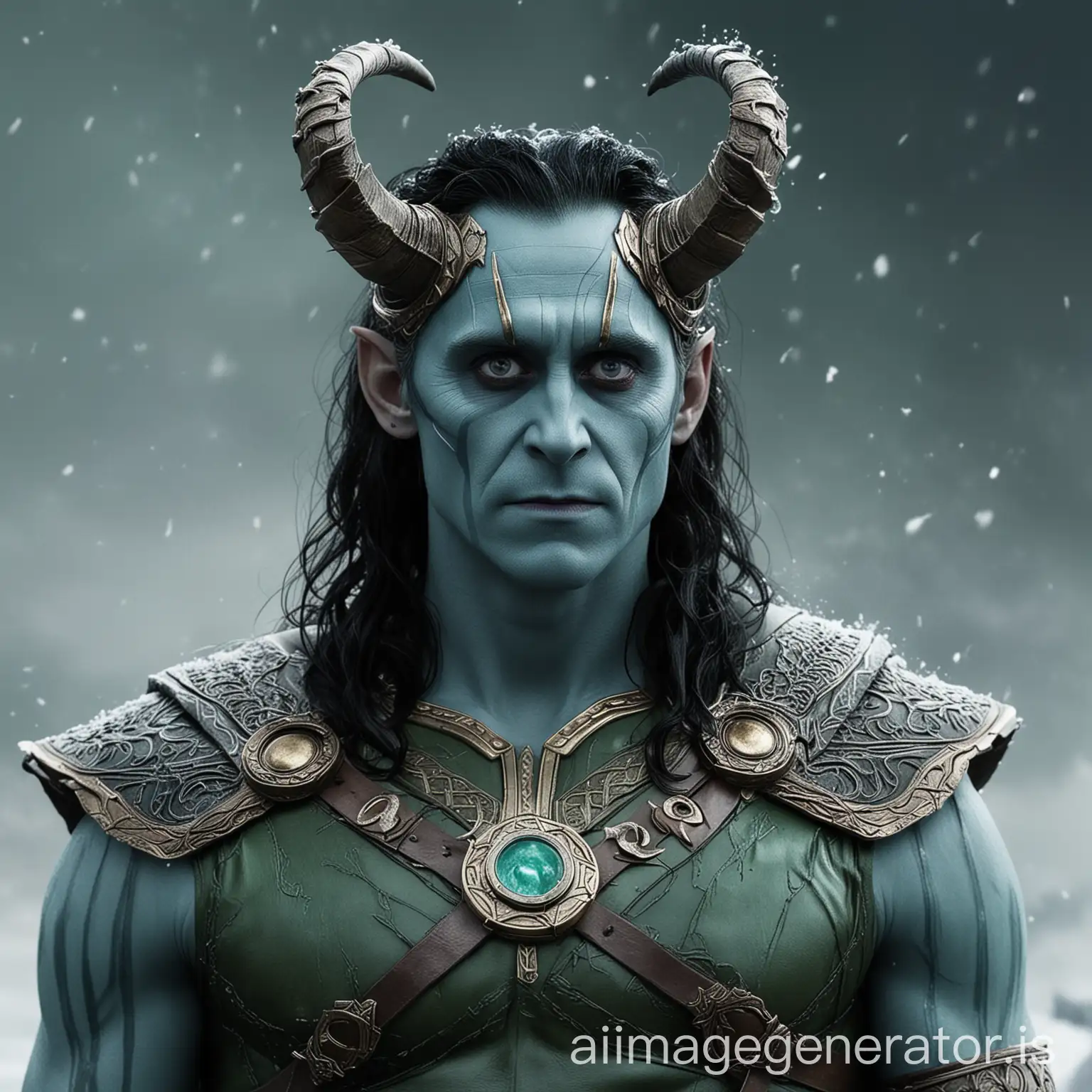 Loki as a frost giant with a ring on his head and stomach and small horns on his forehead