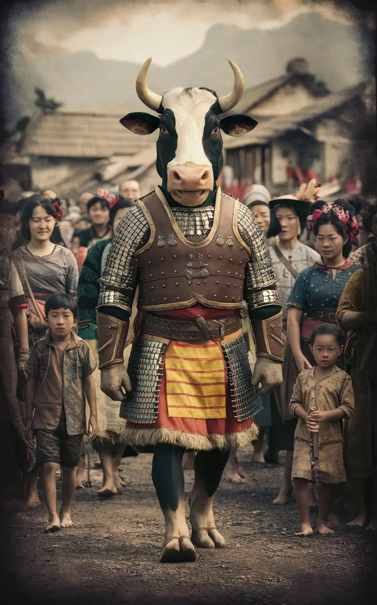 masterpiece, best quality, highres, hyper detailed, faded old photo, damaged, 1840s, Ancient Asian cultural, fantasy, surreal, a real 8 foot tall cow head warrior stands with the local villagers, giant, beard, traditional dress, armor, costume, smile, crowd, children, outdoor, village scene, depth of field, 
