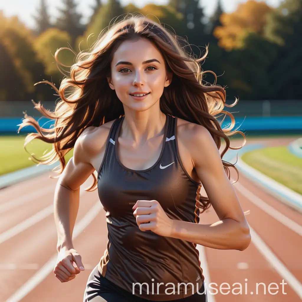Create an image of a woman with long, wavey, brown hair, running track, it's a sunny day.