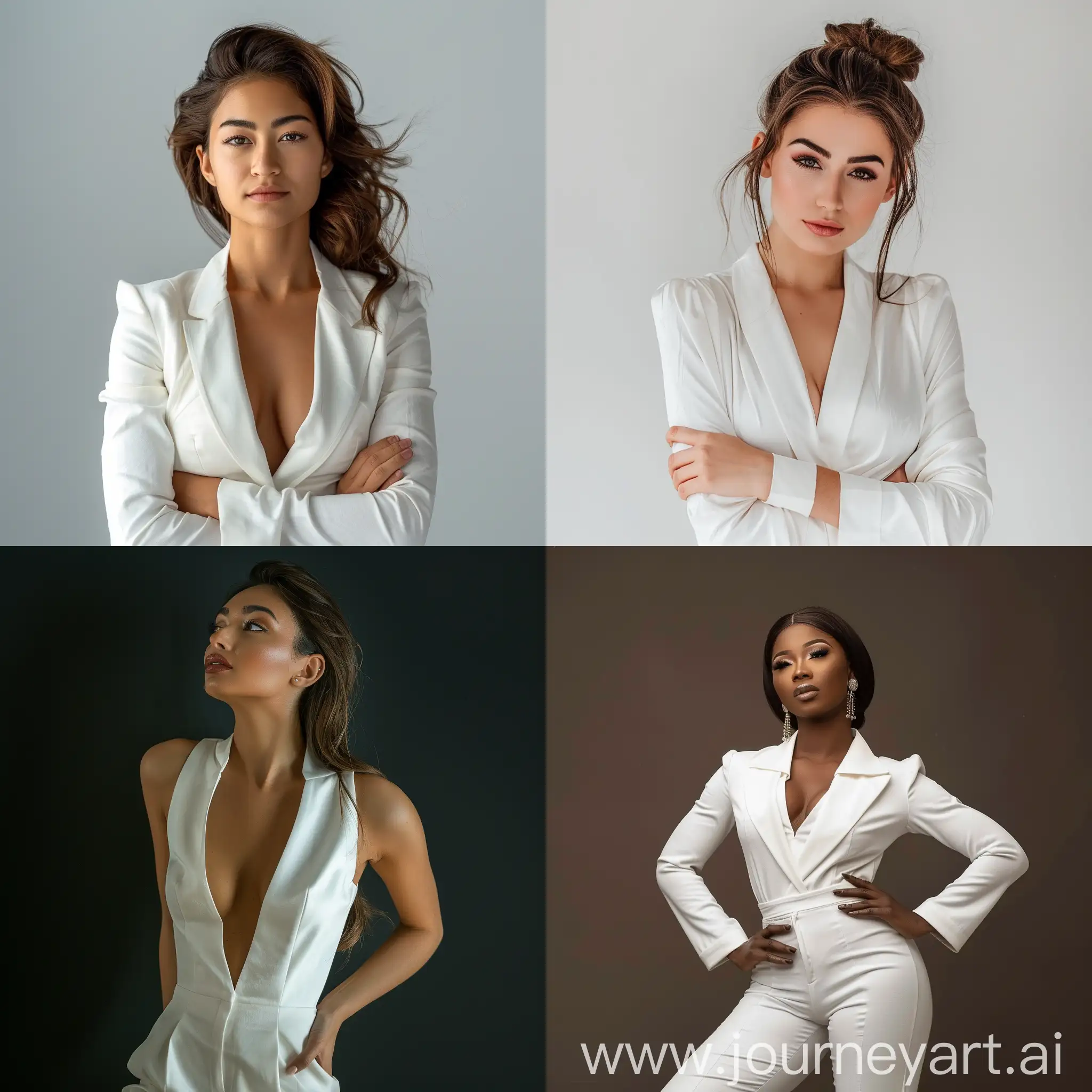 An elegant woman in white posing like a boss --v 6 --style raw
