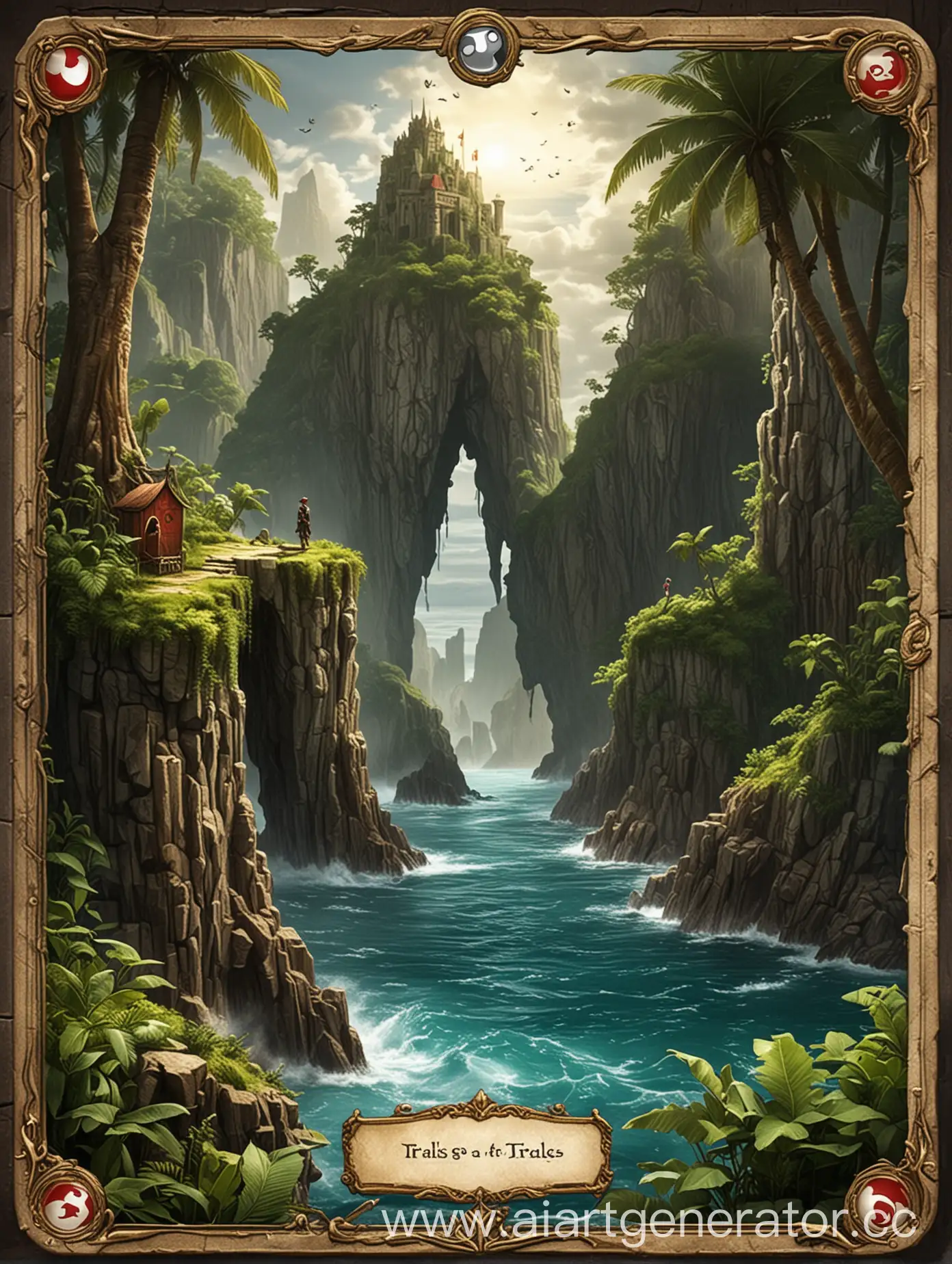 We need the reverse side of the card in a tabletop card game with a mysterious island theme, the deck of cards is called Trials.