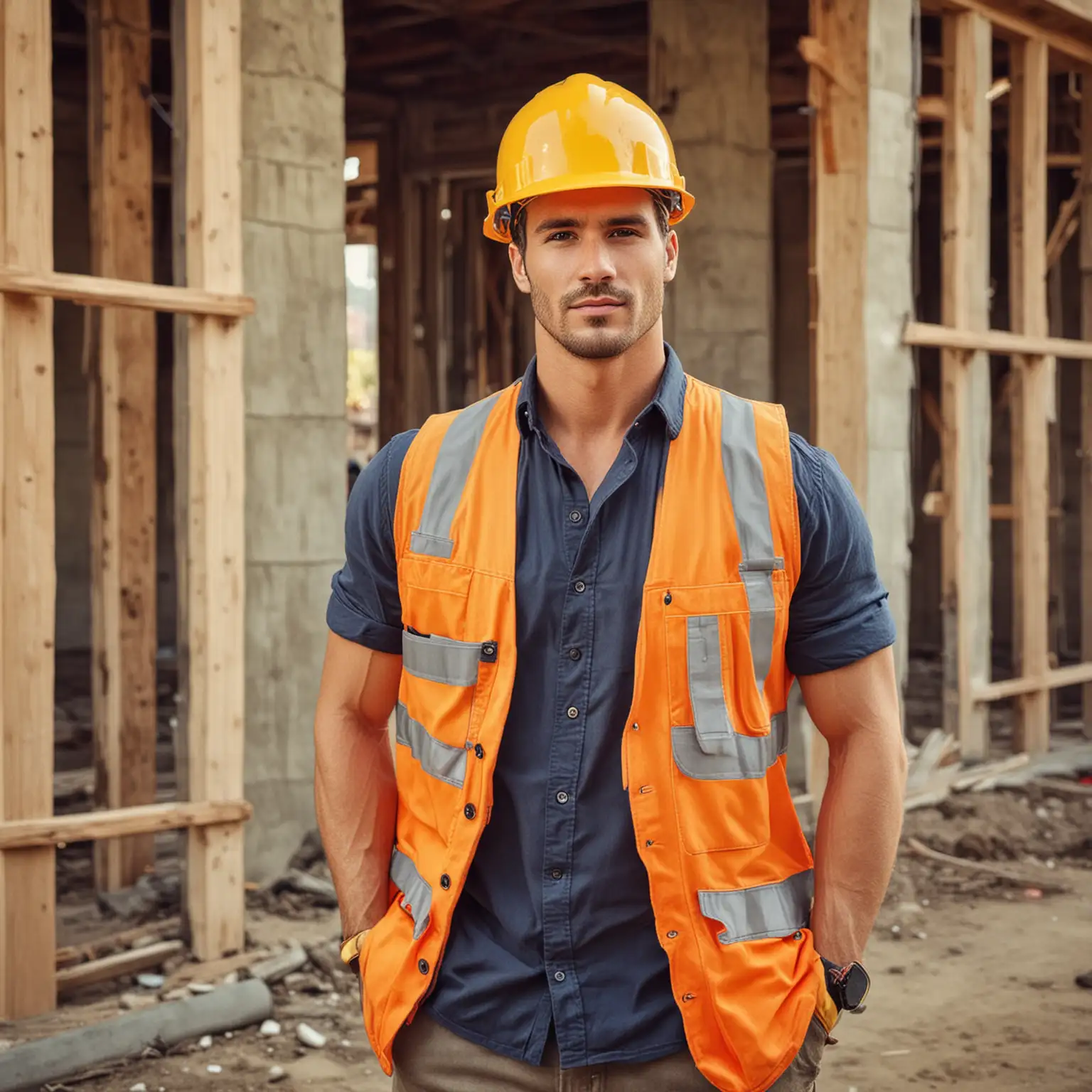 Handsome Construction Worker Operating Heavy Machinery on Construction Site