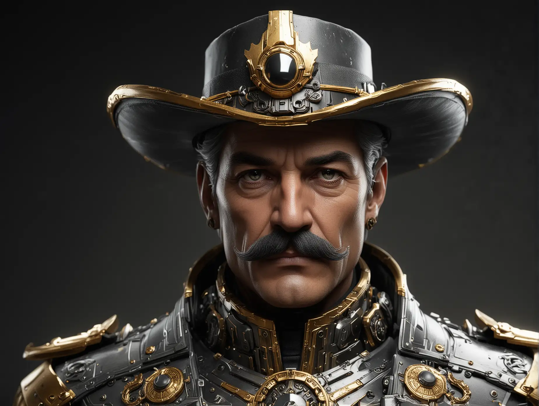 a futuristic man general in silver-gold tech armor and in a general hat with moustache with black, smoky background