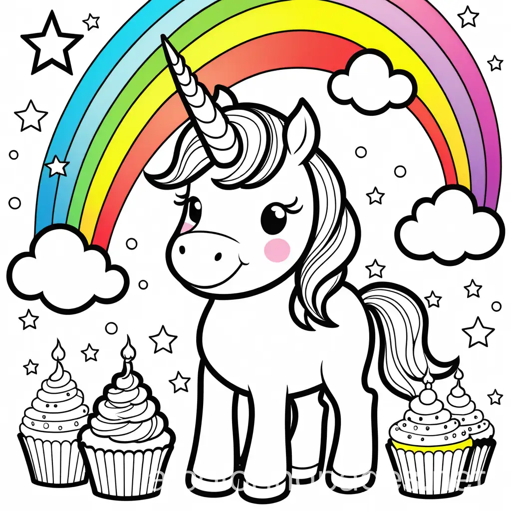cute happy animated unicorn with a vibrant background , rainbow and sunny, birthday party, balloons , cupcakes , Coloring Page, black and white, line art, white background, Simplicity, Ample White Space. The background of the coloring page is plain white to make it easy for young children to color within the lines. The outlines of all the subjects are easy to distinguish, making it simple for kids to color without too much difficulty