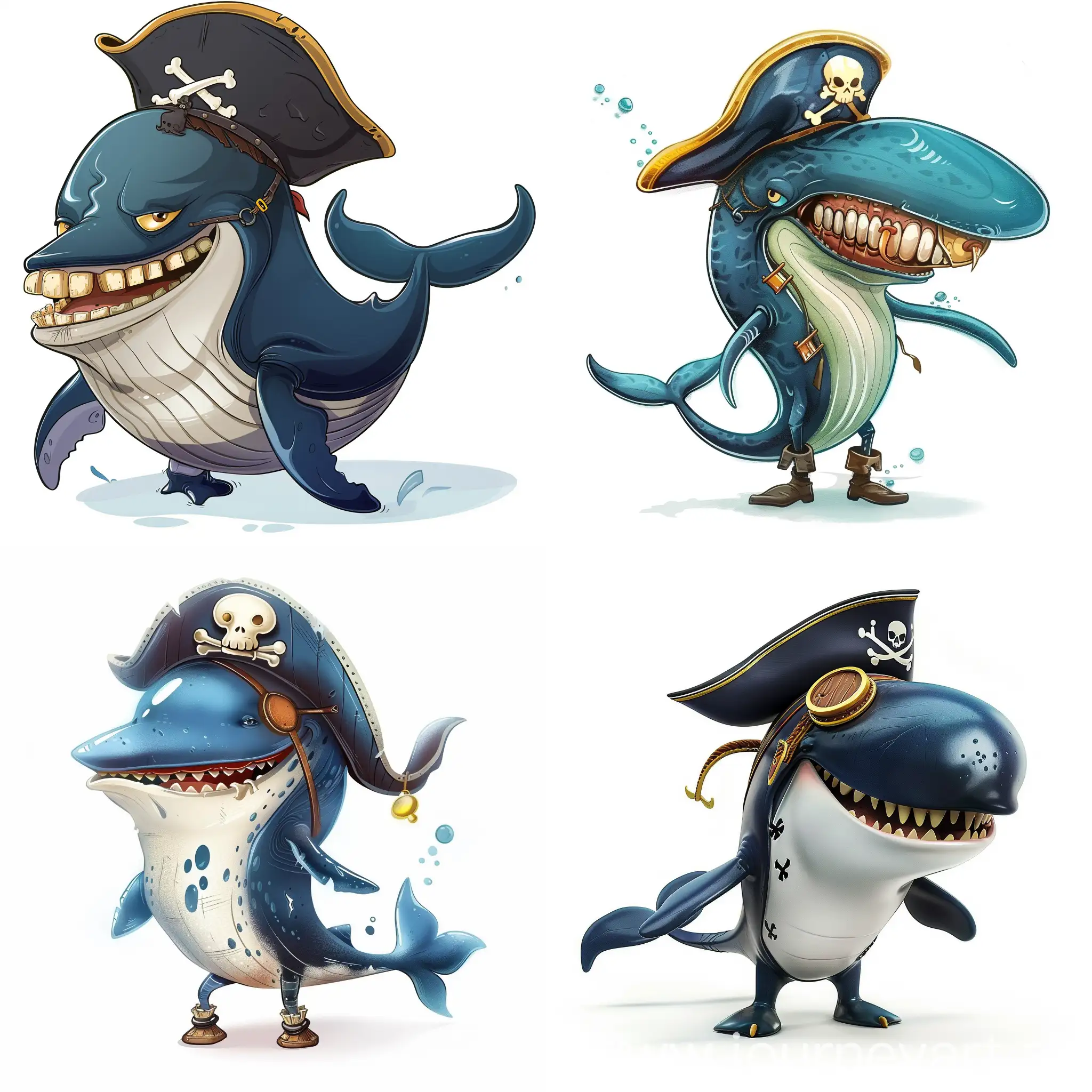 human like cartoon whale avatar on white background, standing on legs with pirate hat, pirate eye patch, smiling with one gold tooth and wooden prosthesis