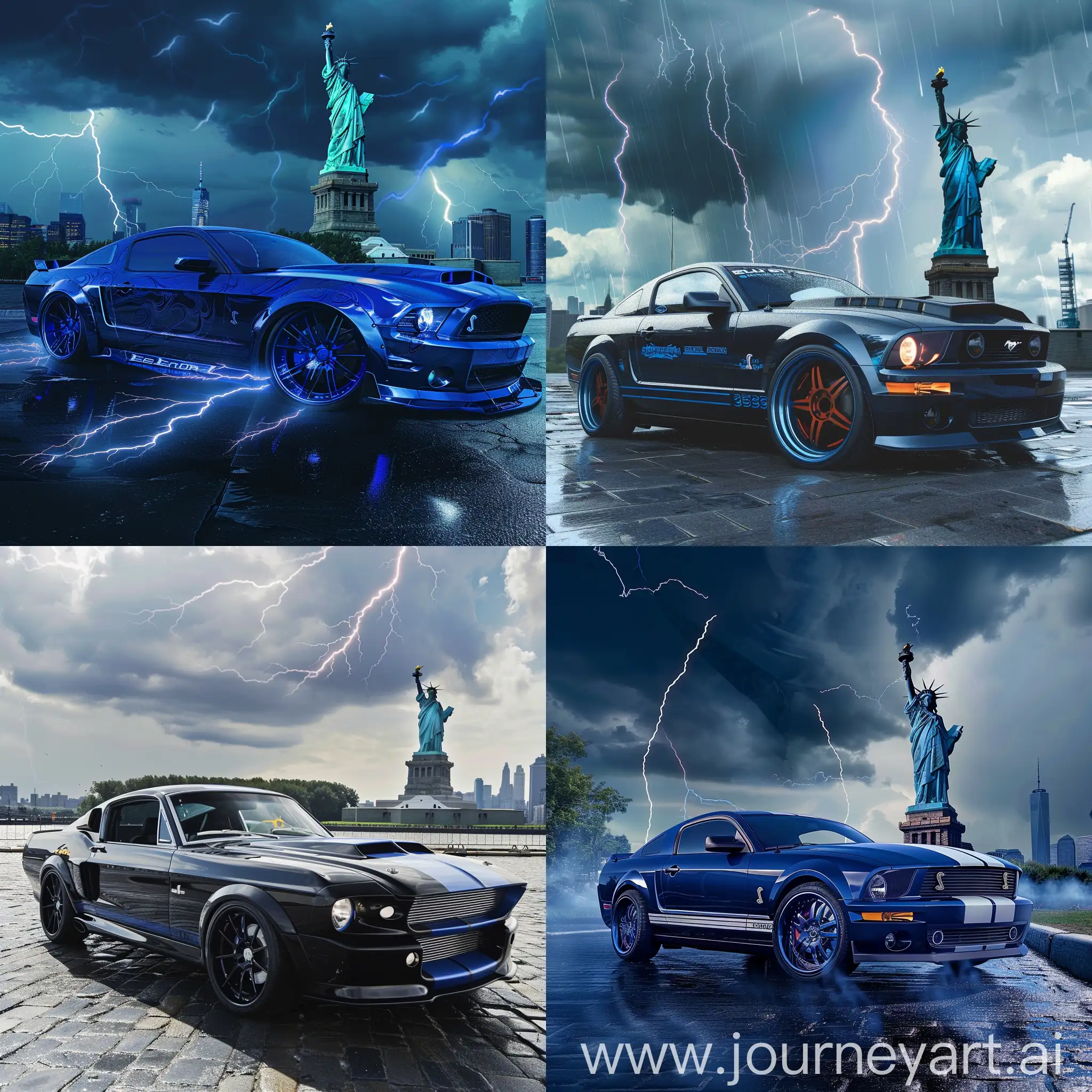 an Eleanor mustang on front of Statue of Liberty with thunders and lightnings in backgroud with blue theme --v 6.0