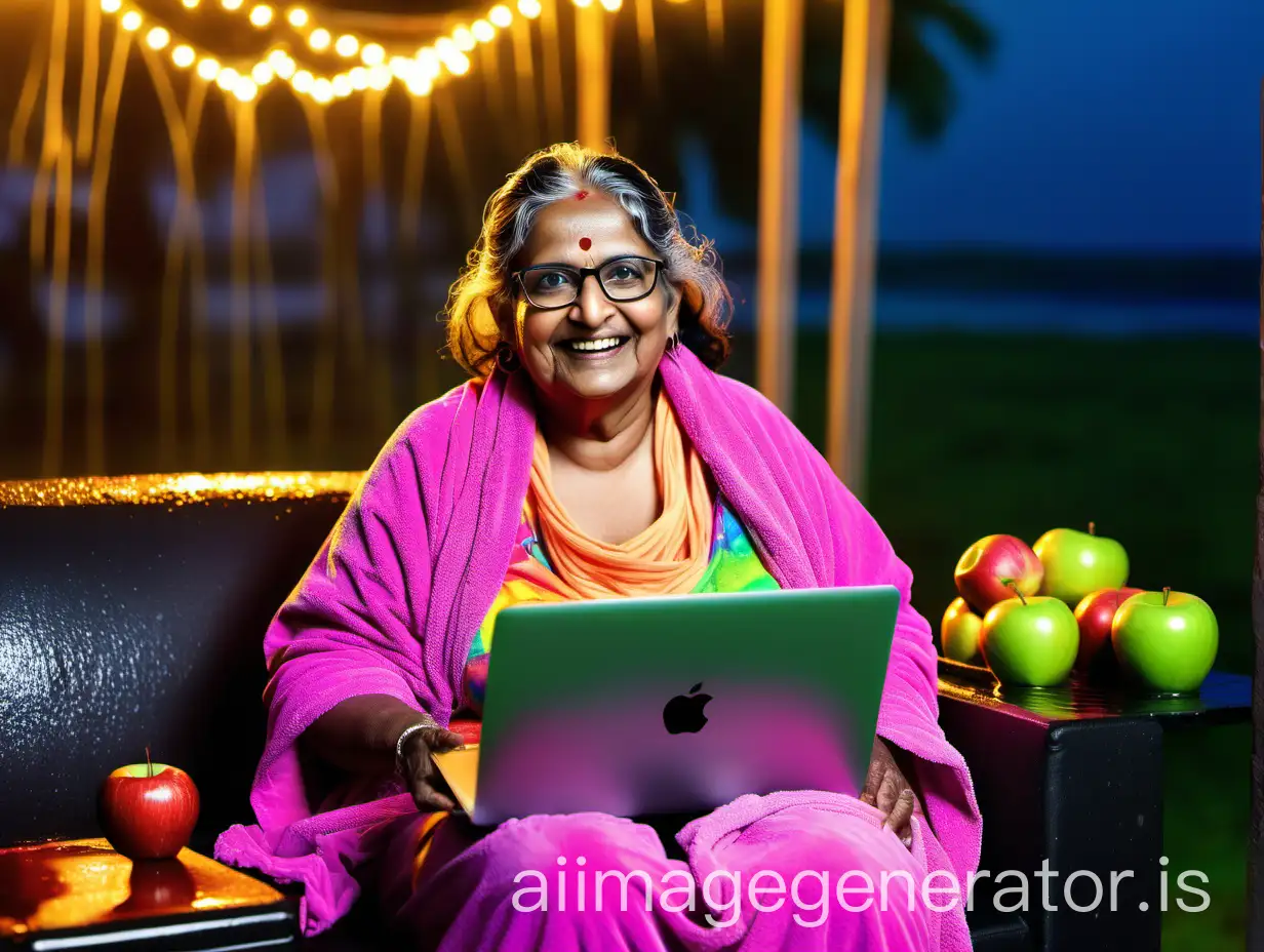 Happy-Mature-Indian-Woman-with-Prescription-Eyeglasses-Enjoying-Rainy-Evening-by-the-Water-Well