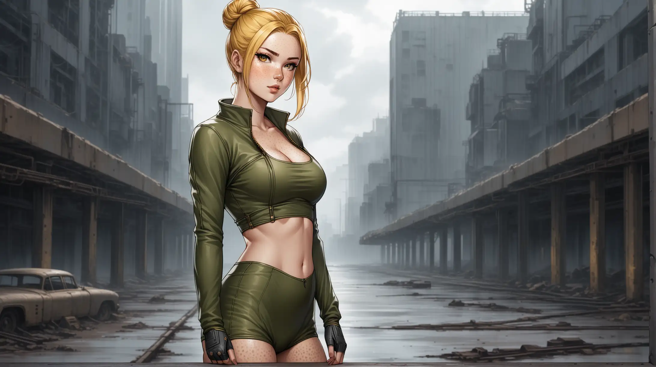 Draw a woman, long blonde hair in a bun, gold eyes, freckles, perky figure, outfit inspired from the Fallout series, high quality, long shot, outdoors, urban setting, seductive pose, natural lighting, overcast, loving gaze toward the viewer