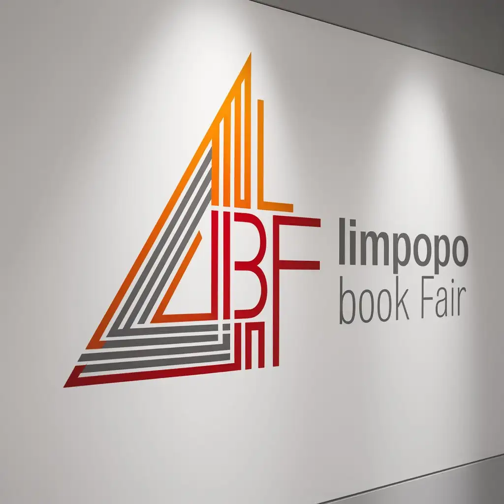 minimalistic flat illustration, A contemporary logo design with a large 'L B F' as the focal point in a triangle. The 'L' is composed of multiple lines running parallel, fused with B and F.  The design uses orange, red and grey colours. subtitle 'Limpopo Book Fair' is written in a modern, sans-serif font white background
