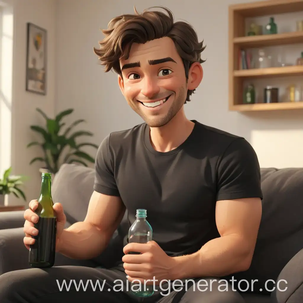 мультяшный привлекательный мужчина в черной футболке сидит на диване с бутылкой в руке улыбается в яркой комнате