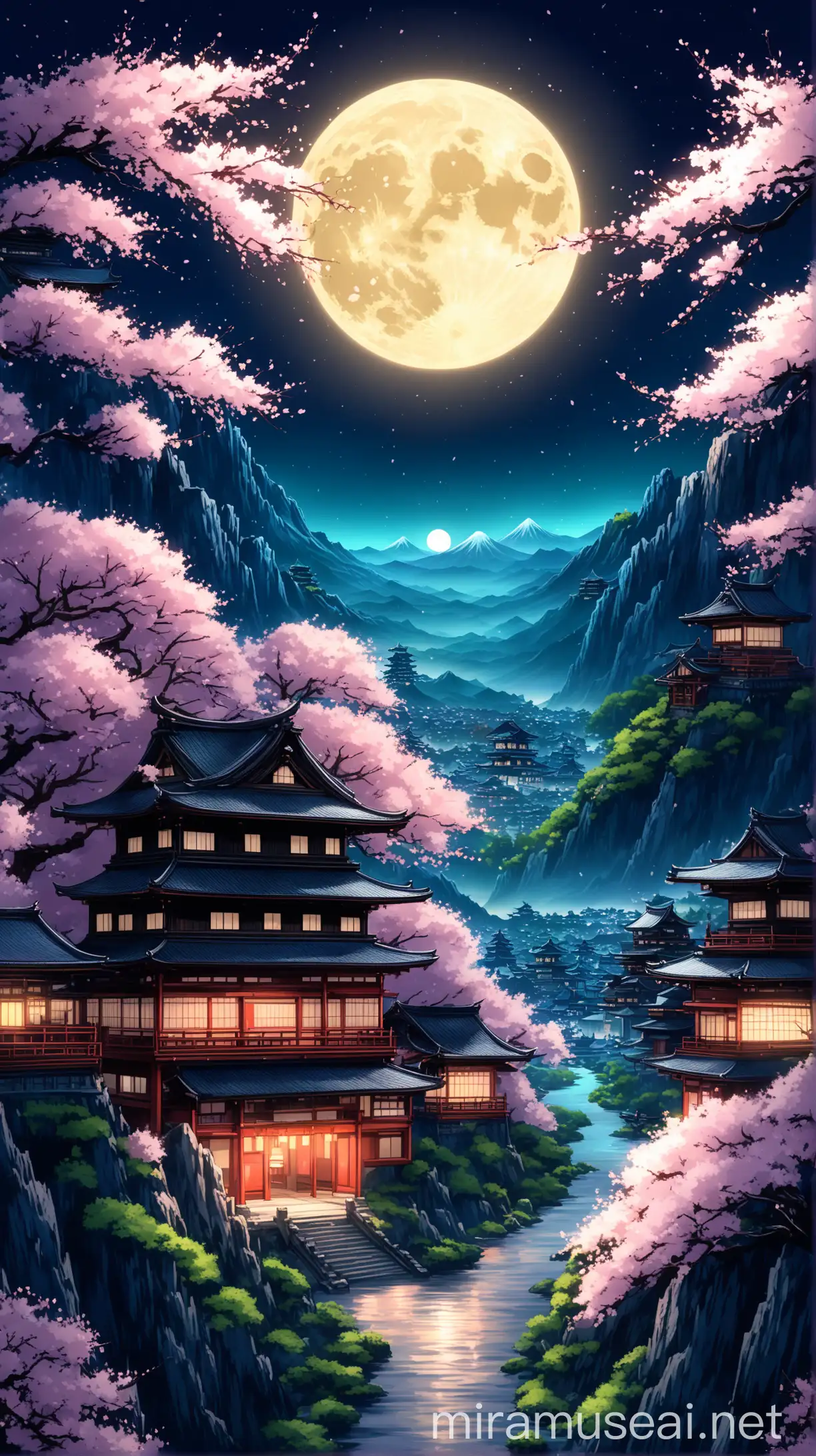 Under the radiant glow of a full moon, Japanese fantasy landscape captivates with its mysterious allure. Traditional architecture and cherry blossoms stand in harmony against the backdrop of towering mountains, creating an enchanting scene that marries the tranquil darkness with the gentle illumination of moonlight,. Anime style, wallpaper