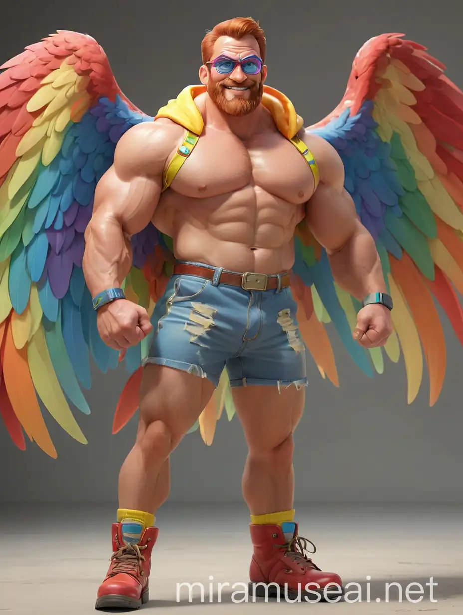 Big Eyes Subtle Smile Topless 40s Ultra Beefy Red Head Bodybuilder Daddy with Beard Flexing his Big Strong Arm Wearing Multi-Highlighter Bright Rainbow Colored See Through huge Eagle Wings Shoulder Jacket short shorts Long Muscled legs low leather boots and Doraemon Goggles on forehead