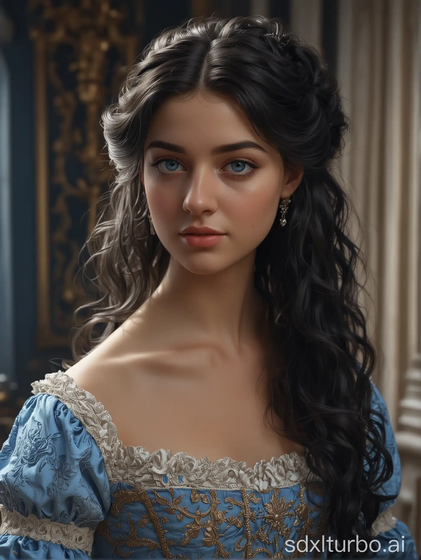 Beautiful young woman of  23 with dark hair styled in a hairstyle, bright blue eyes, tanned skin with a slight blush, homemade pale dress in Louis XIV era style, perfect composition, beautiful detailed intricate insanely detailed octane render trending on artstation, 8 k, photorealistic concept art, soft natural volumetric cinematic perfect light, chiaroscuro,  masterpiece, greg rutkowski