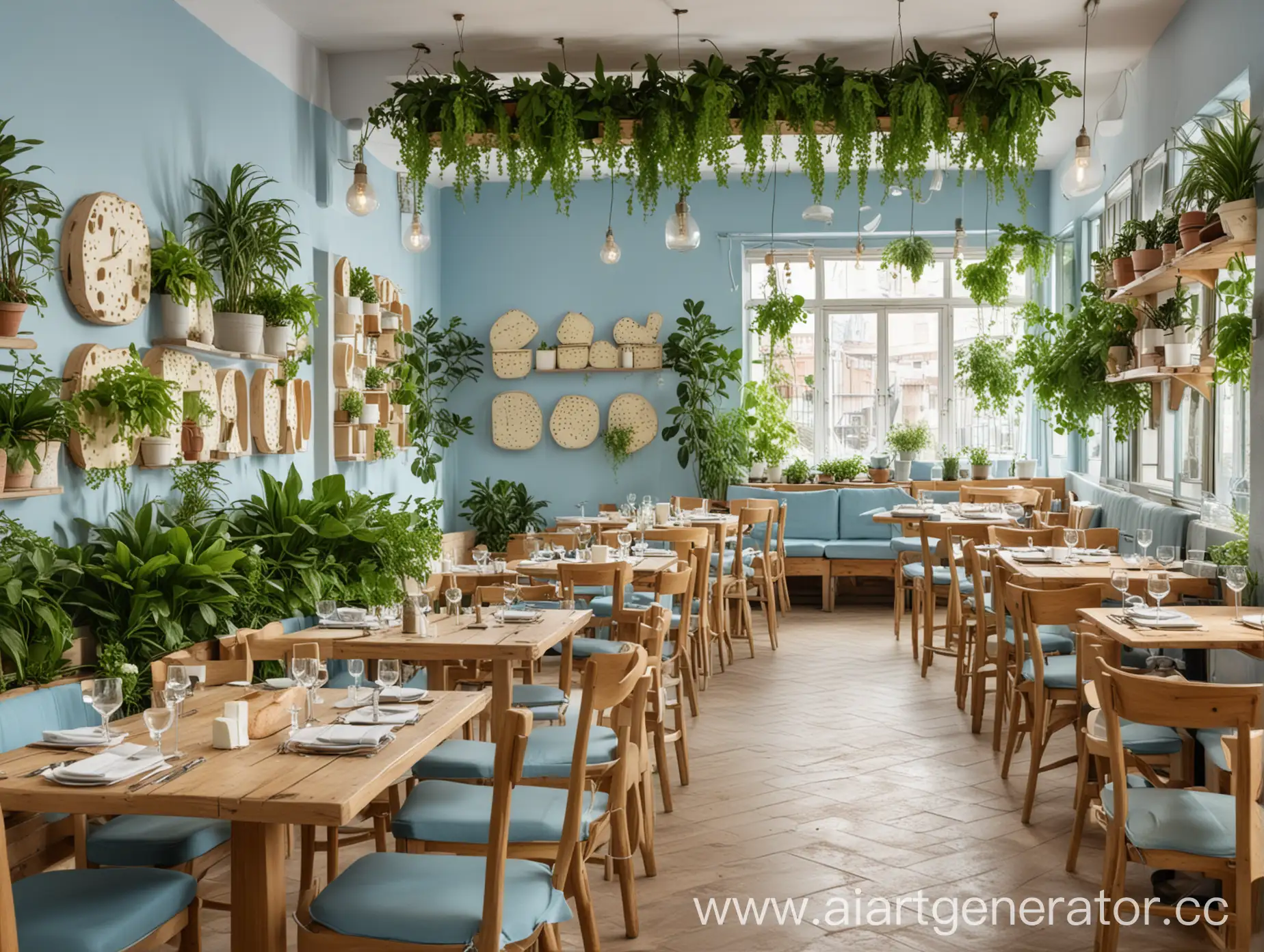 Сырный ресторан в светло-голубых и кремовых оттенках с деревянной мебелью и большим количеством зелёных растений в горшках