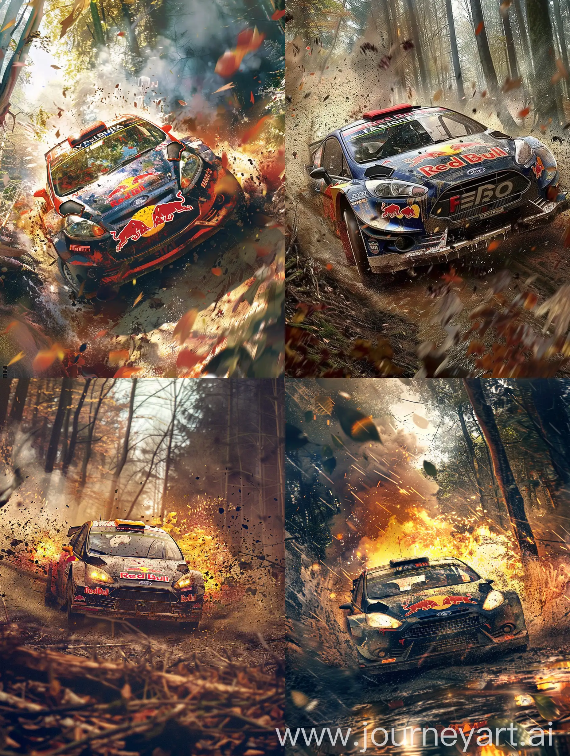 A ford fiesta wrc with a red bull livery, inside the car there is a driver and a co driver both wearing a red bull racing suit and and a full face red bull racing helmet. The car just hit a bomb set by a terrorist and is about to explode and crash in a forest rally stage. 