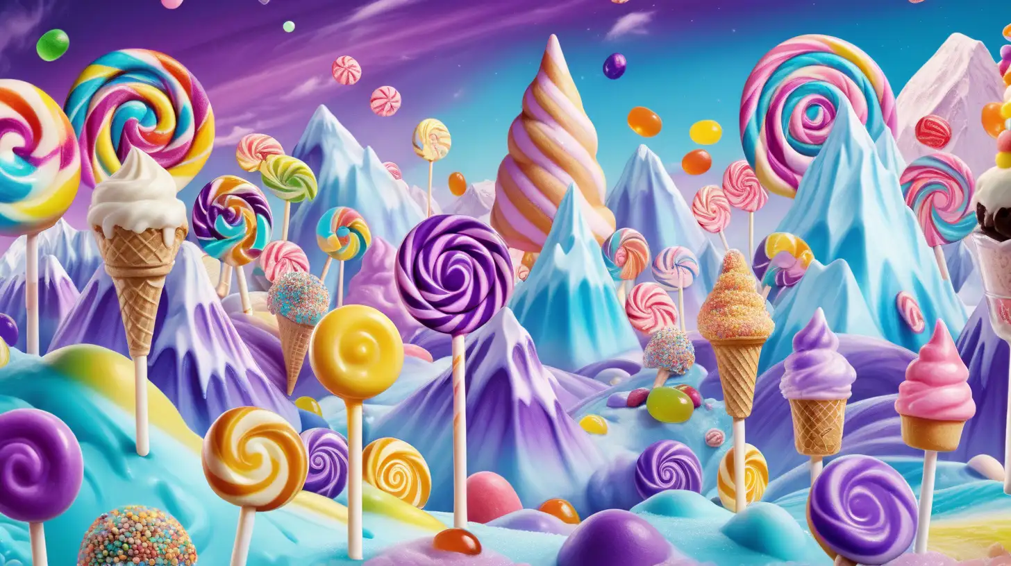 Enchanting Candy Wonderland Turquoise River Ice Cream Mountains and Cotton Candy Clouds