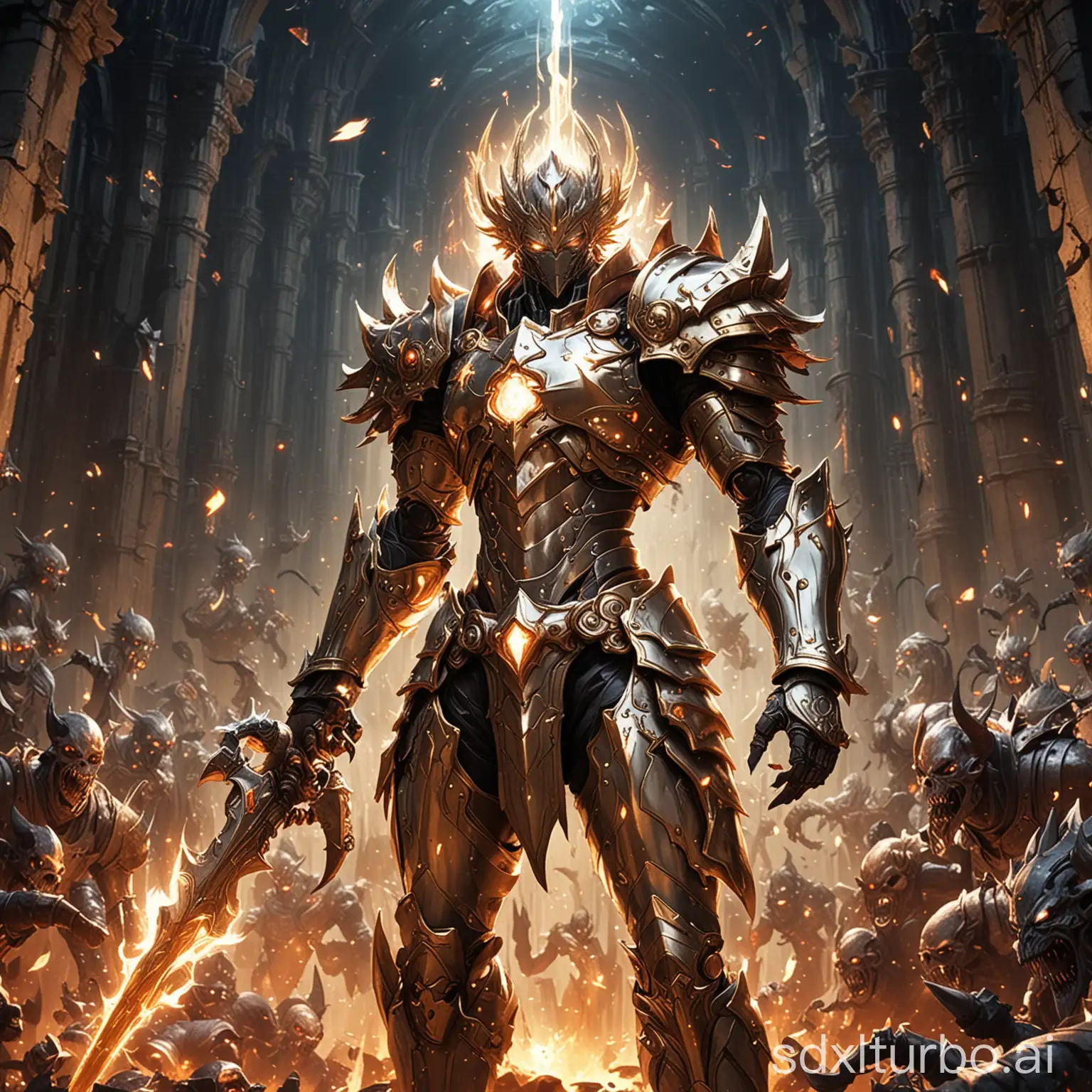 anime god in a shiny armor fighting vs 1000 of demons in a ruin and will get the relic of Light