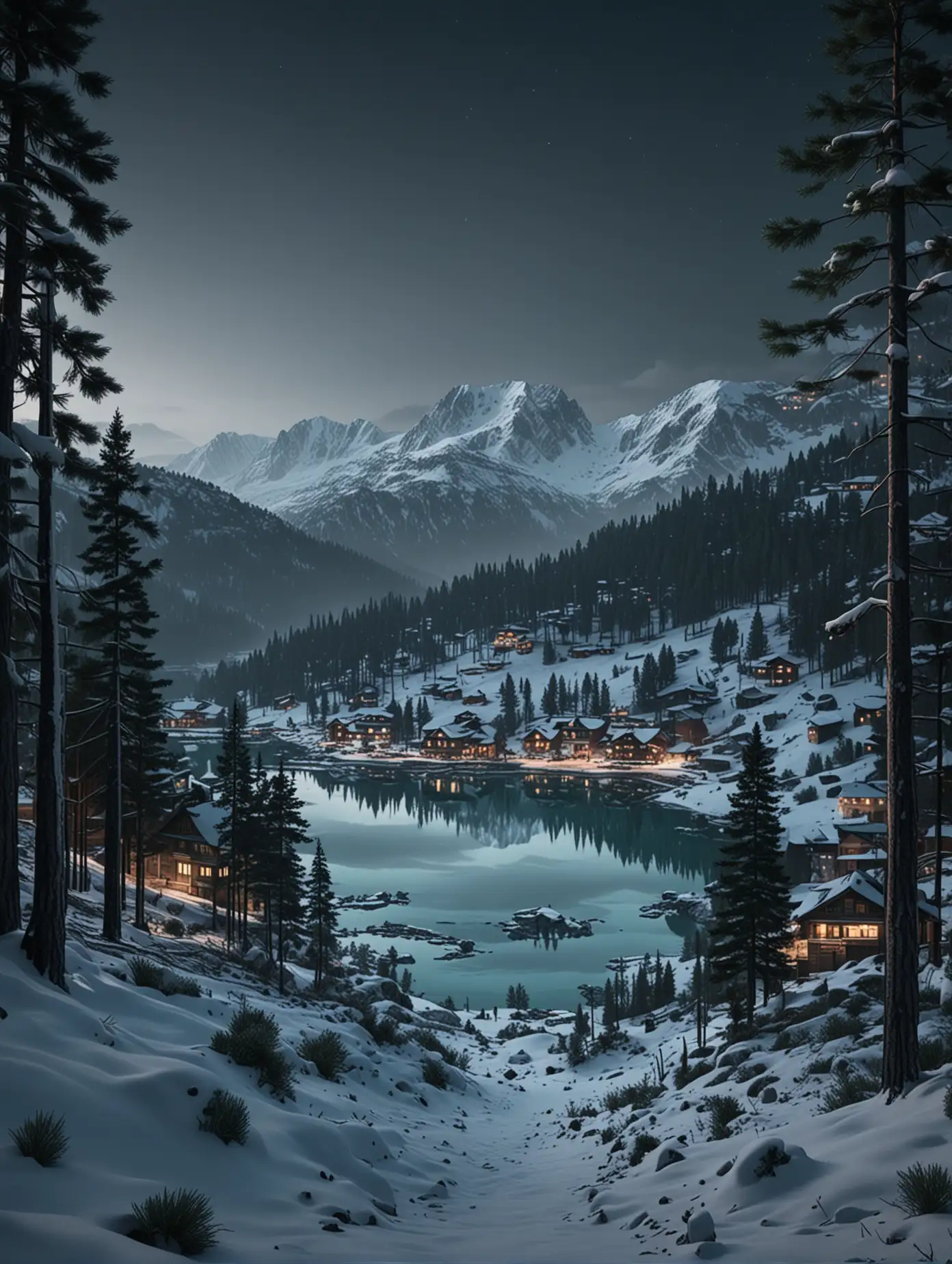 Create a part of a snow mountain with tall green pine trees, lighted houses from top to bottom of mountain, cyan lake at distance, dusk, very dark shades, photo realistic, 4k