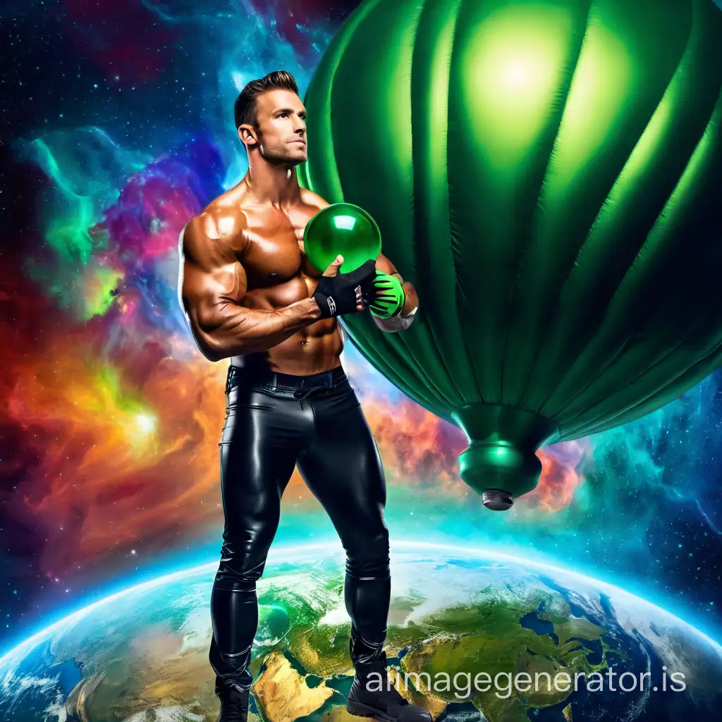 A young, handsome, impressively built, muscle-pumped bodybuilding-hero is standing with his arms behind his head on a small green planet. He is wearing leather pants and shoes. He is there to become more powerful and more muscular, eventhough he already is the most powerful and most muscular man in the entire universe. There is also a big helium tank with a hose leading to the navel of the hero which makes the hero grow more muscular and more powerful, to a legendary superstrong bodybuilding hero. The hero is very jacked, ripped, muscle-pumped, extremely muscular, bulked up and built, far more muscular than the biggest bodybuilder that could possibly exist. The image looks photographic and in the background is space in vibrant colors and a big moon.