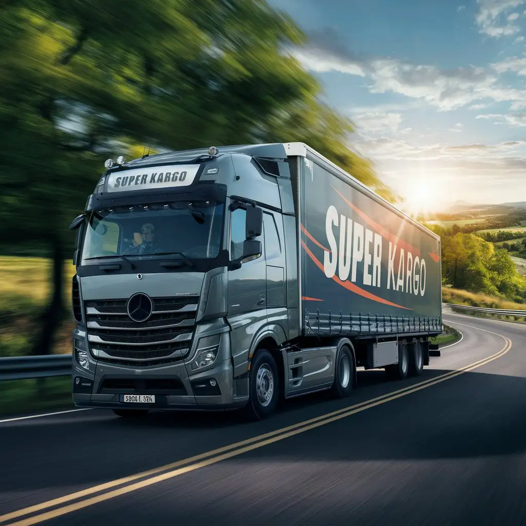"SUPER KARGO" is written on a fast-moving logistics truck on the road.