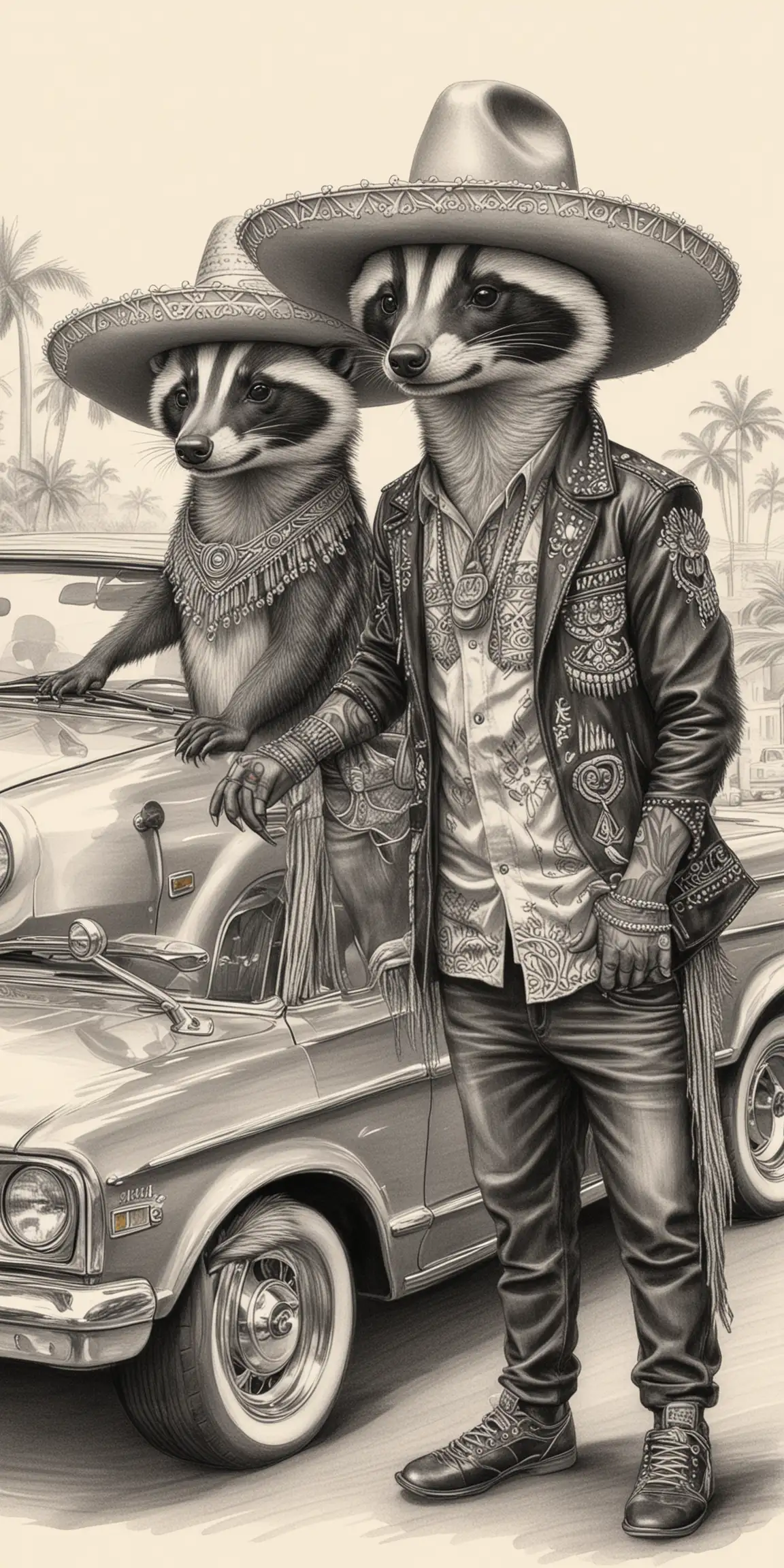  a drawing of cool mexican badger wearing a sombrero standing next to his mexican badger girlfriend  by a lowrider car