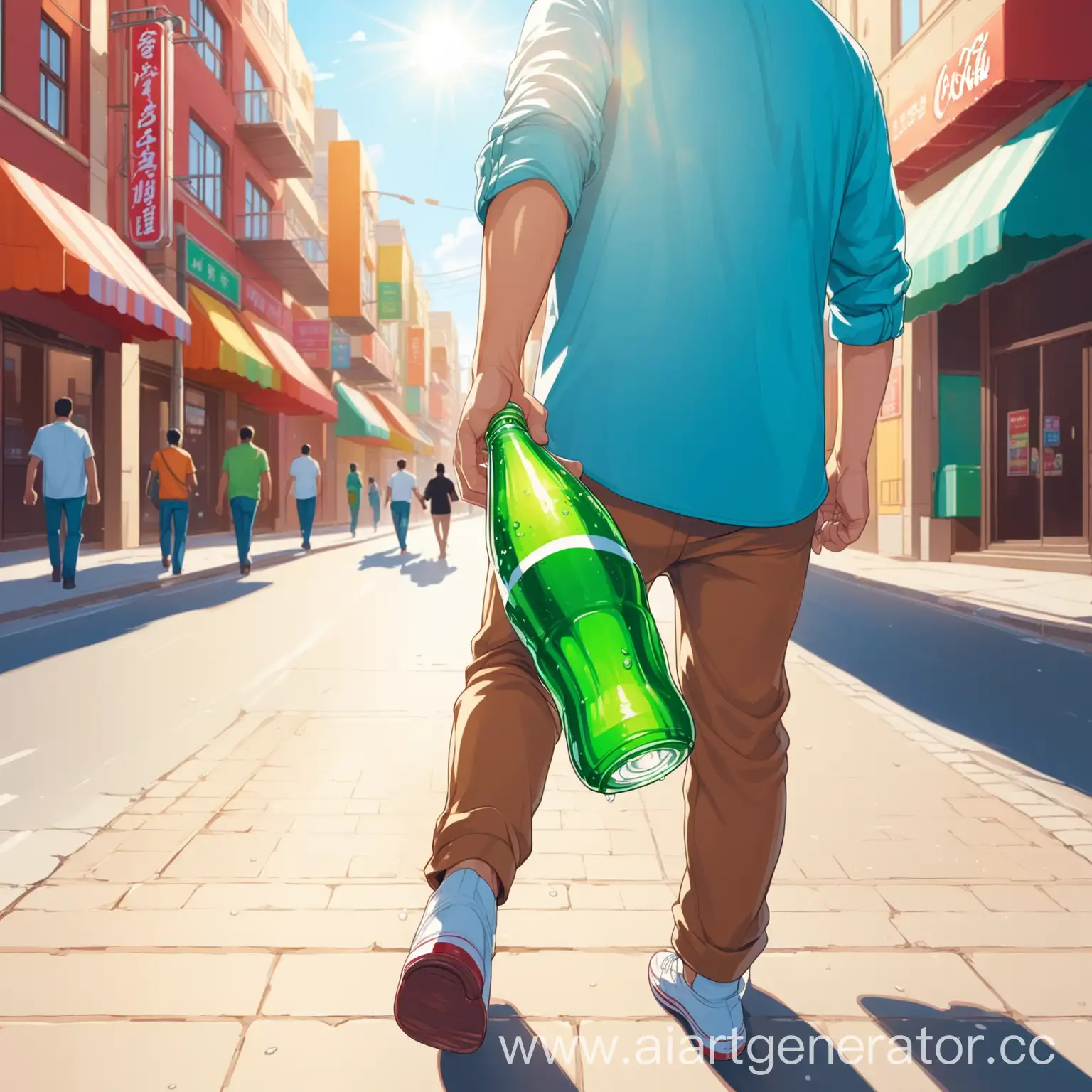 Guy-Holding-Soda-Bottle-Walking-on-Sunny-Street