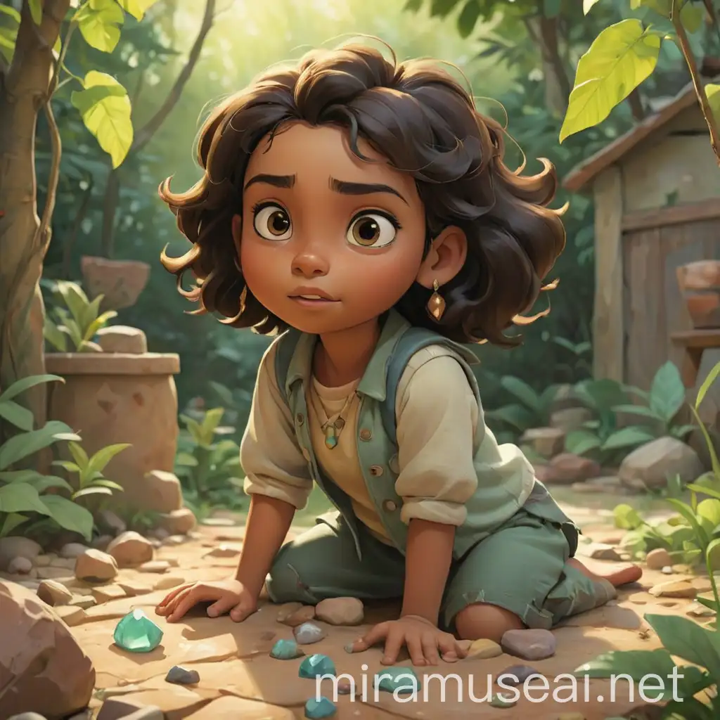 A children book illustration image of a girl name Maya, That discover a precious stone in her backyard